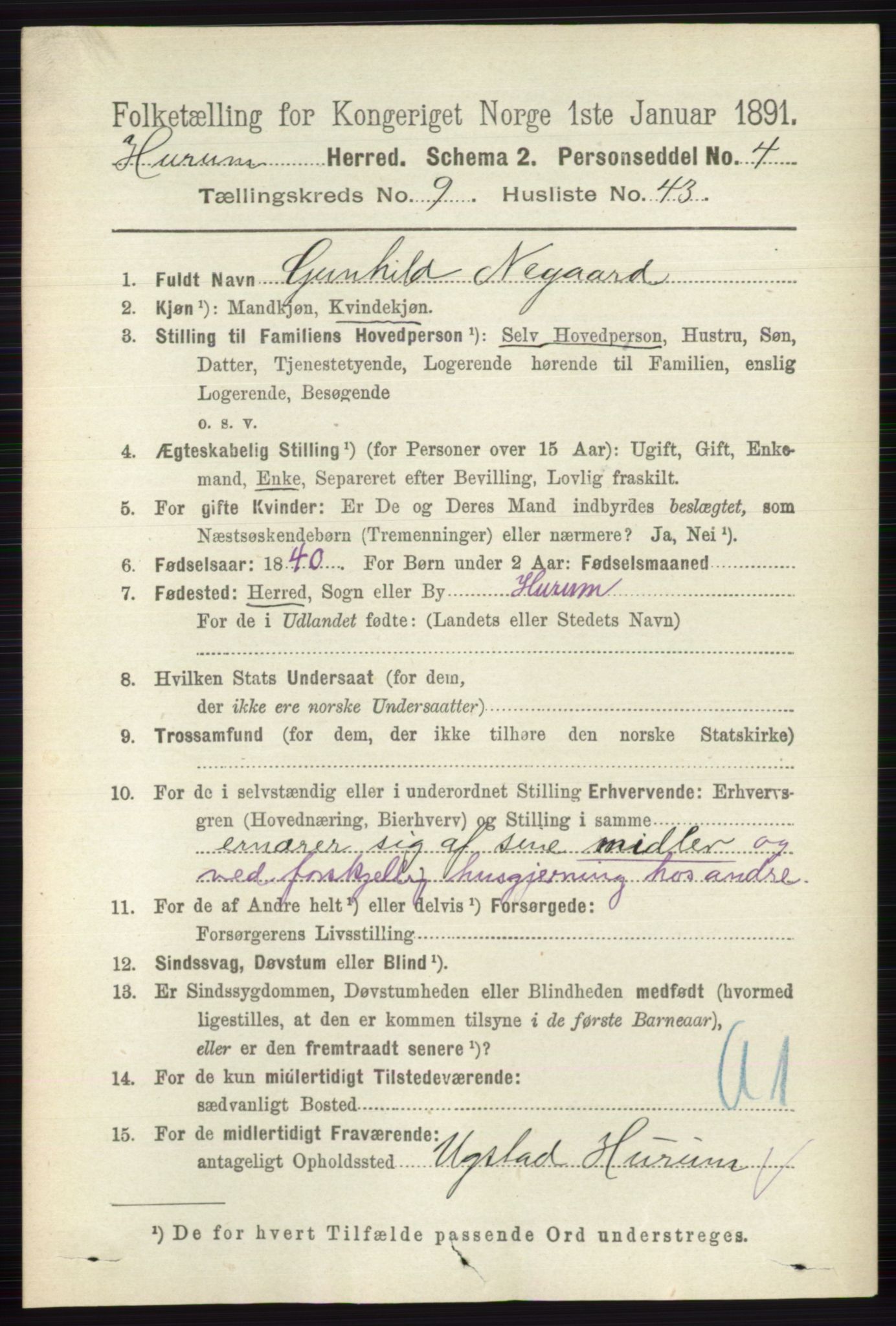 RA, 1891 census for 0628 Hurum, 1891, p. 3046