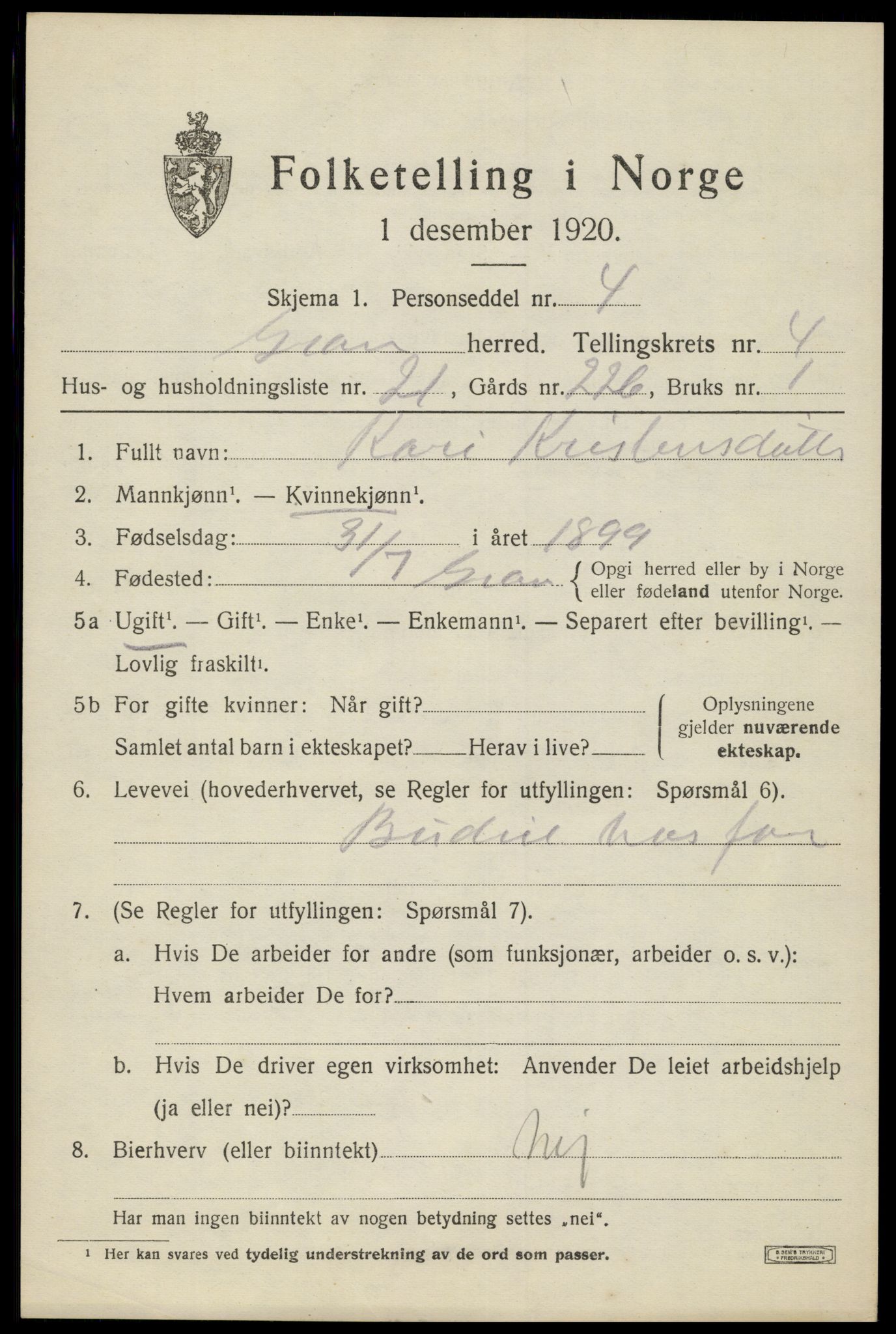 SAH, 1920 census for Gran, 1920, p. 6638