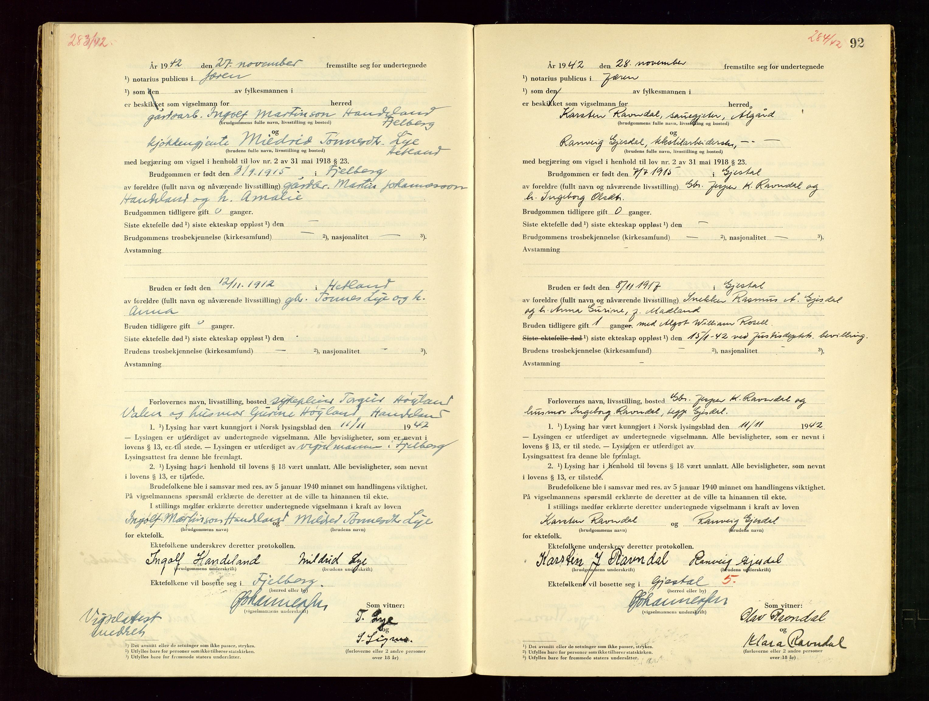 Jæren sorenskriveri, AV/SAST-A-100310/01/6/62/62BA/L0003: VIGSELSPROTOKOLL, 1942, p. 92