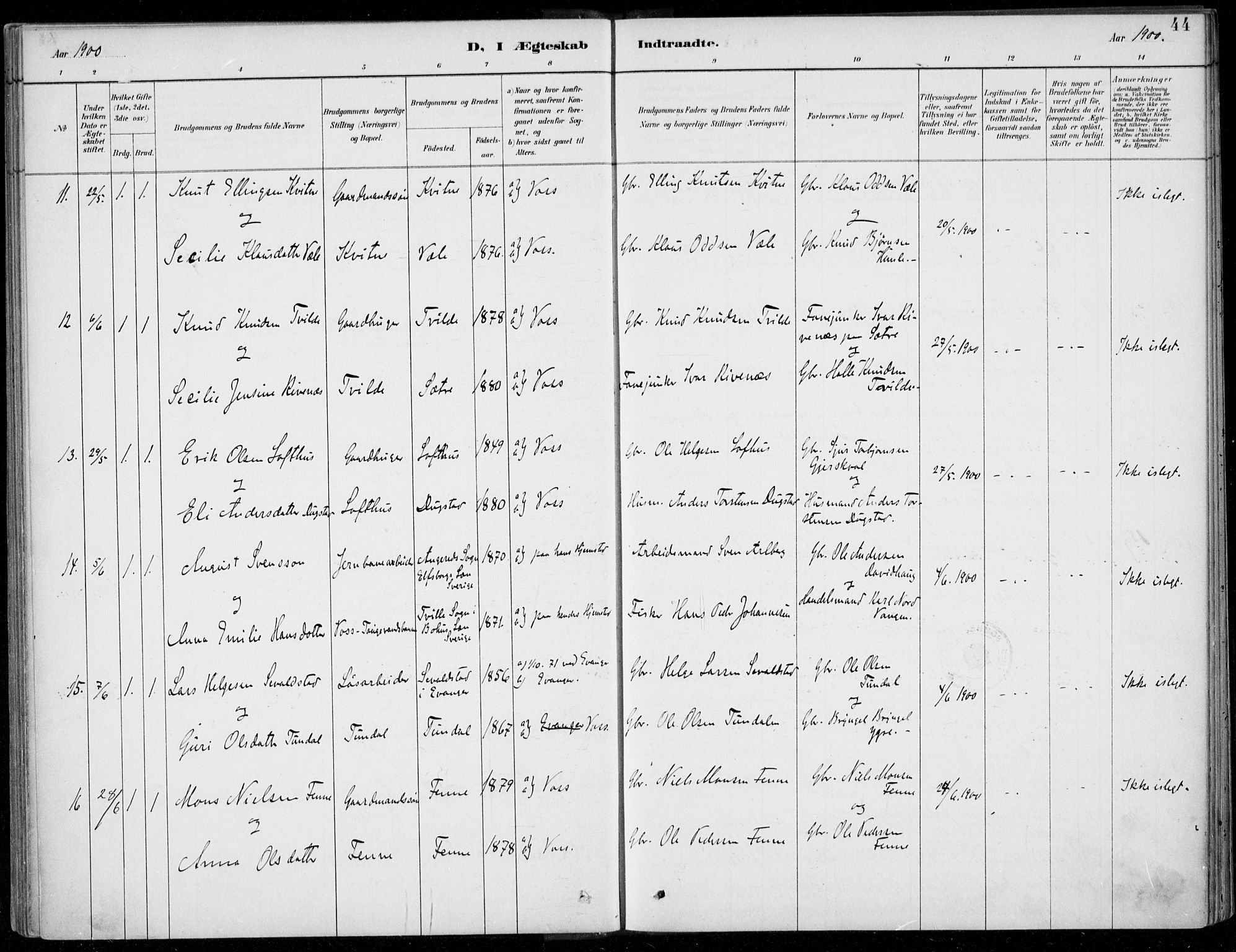 Voss sokneprestembete, SAB/A-79001/H/Haa: Parish register (official) no. C  1, 1887-1915, p. 44