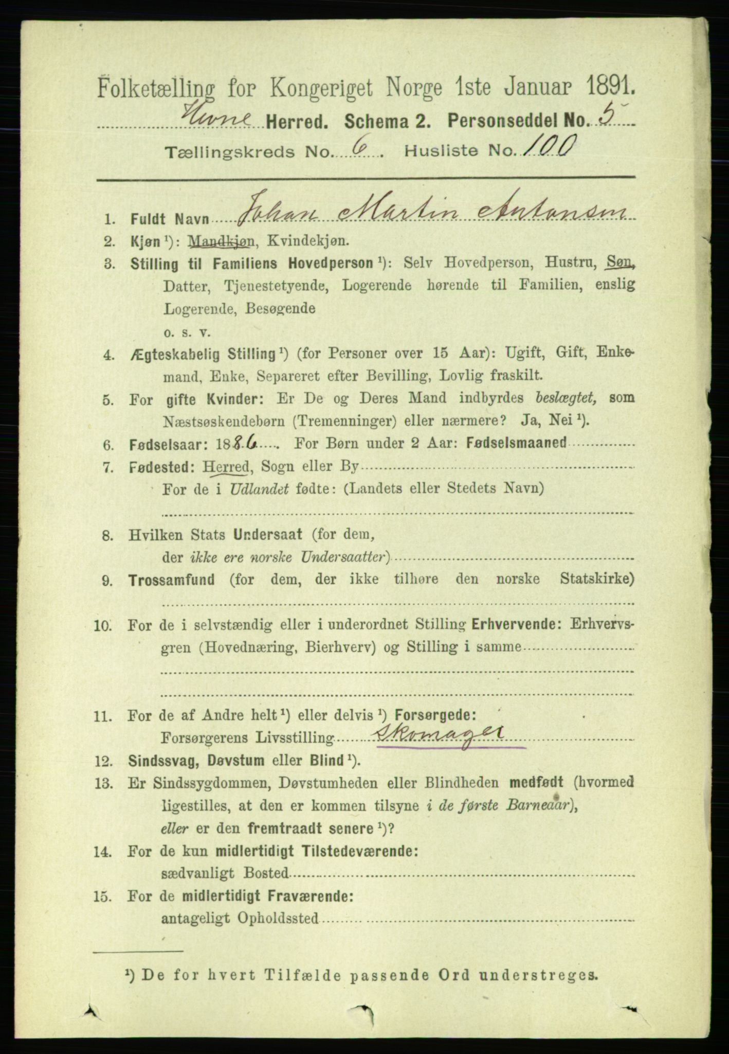 RA, 1891 census for 1612 Hemne, 1891, p. 4044