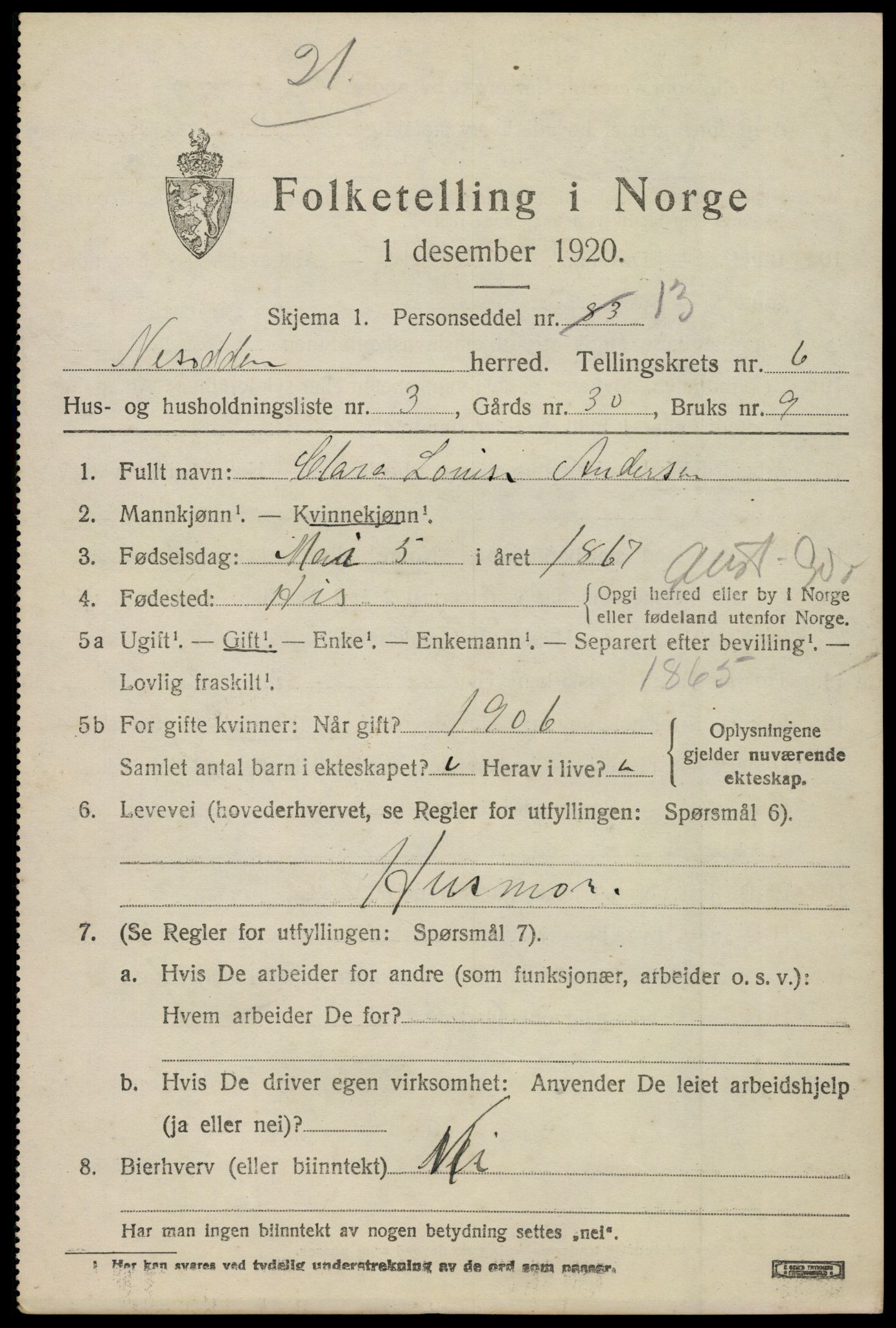 SAO, 1920 census for Nesodden, 1920, p. 5533