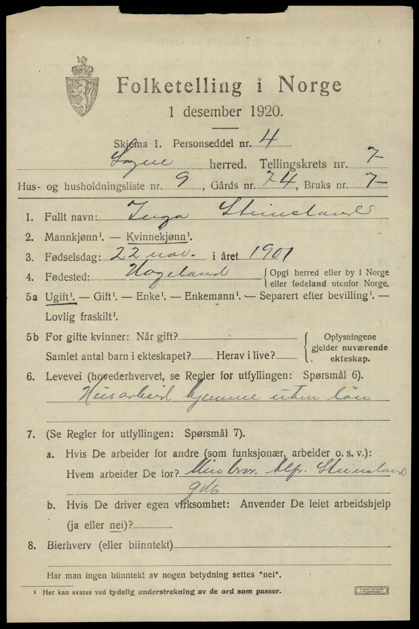 SAK, 1920 census for Søgne, 1920, p. 3563