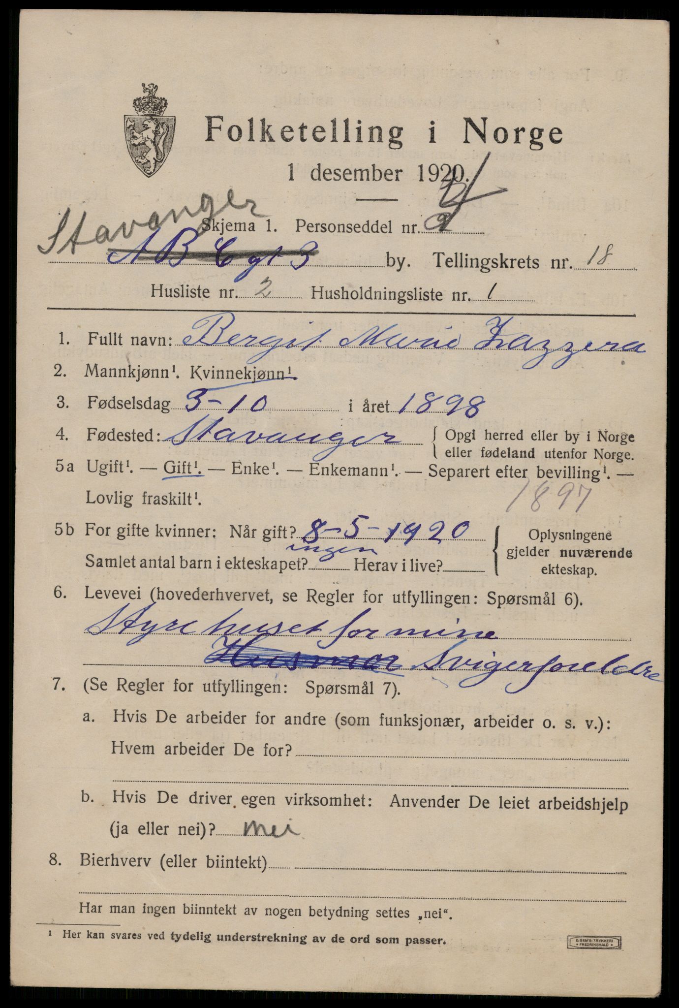 SAST, 1920 census for Stavanger, 1920, p. 66666