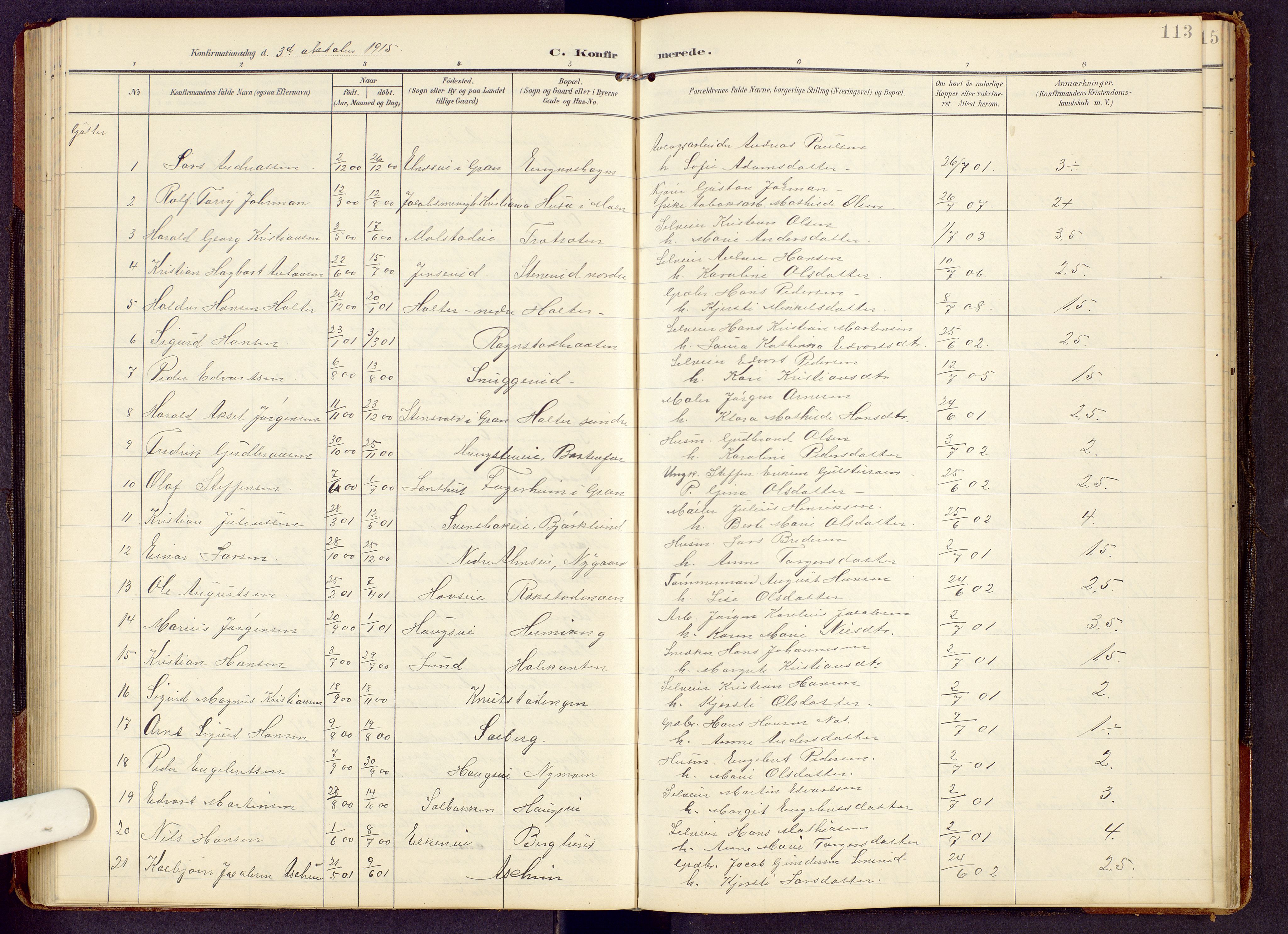 Brandbu prestekontor, SAH/PREST-114/H/Ha/Hab/L0009: Parish register (copy) no. 9, 1903-1916, p. 113