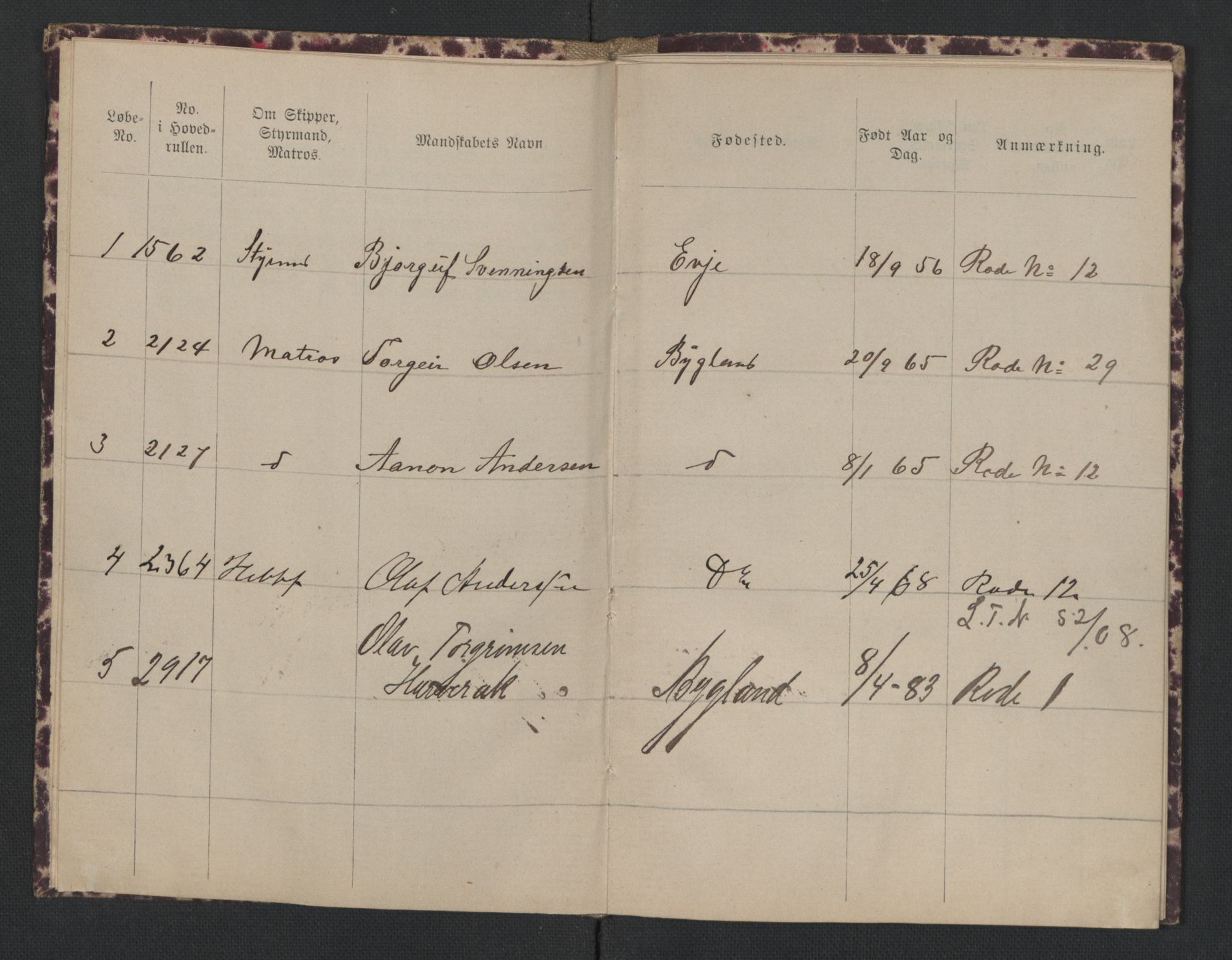 Lillesand mønstringskrets, SAK/2031-0014/F/Fd/L0002: Sjøruller rode 1-59, pluss Bygland, Hornnes, Valle og Vegusdal, 
Li-7, 1875-1910, p. 500
