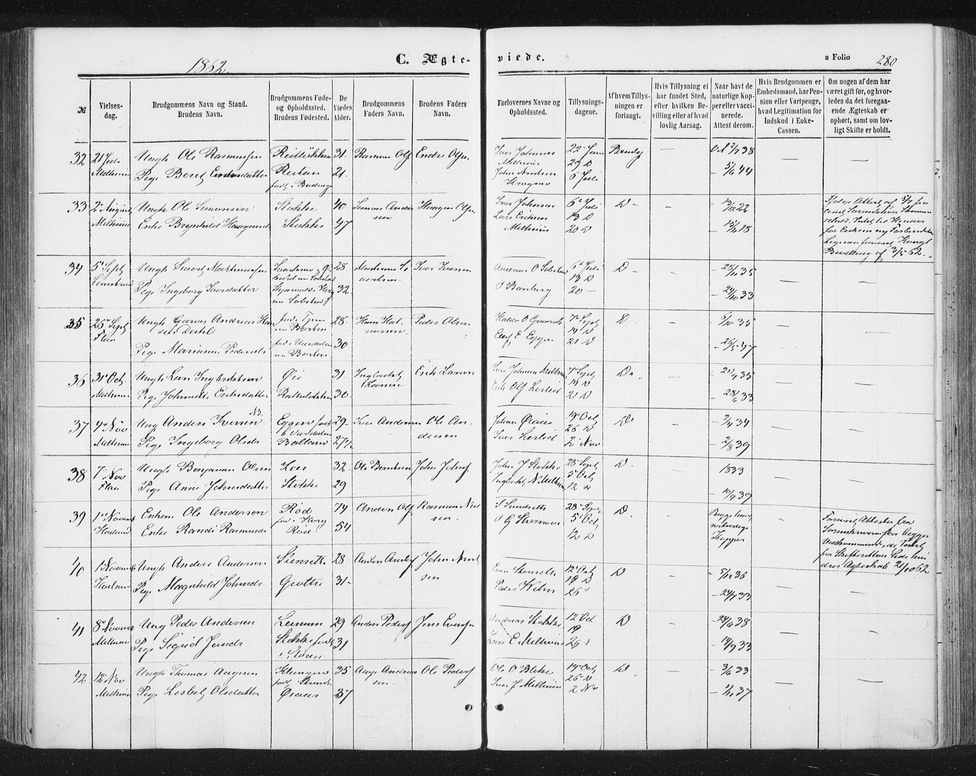Ministerialprotokoller, klokkerbøker og fødselsregistre - Sør-Trøndelag, SAT/A-1456/691/L1077: Parish register (official) no. 691A09, 1862-1873, p. 280