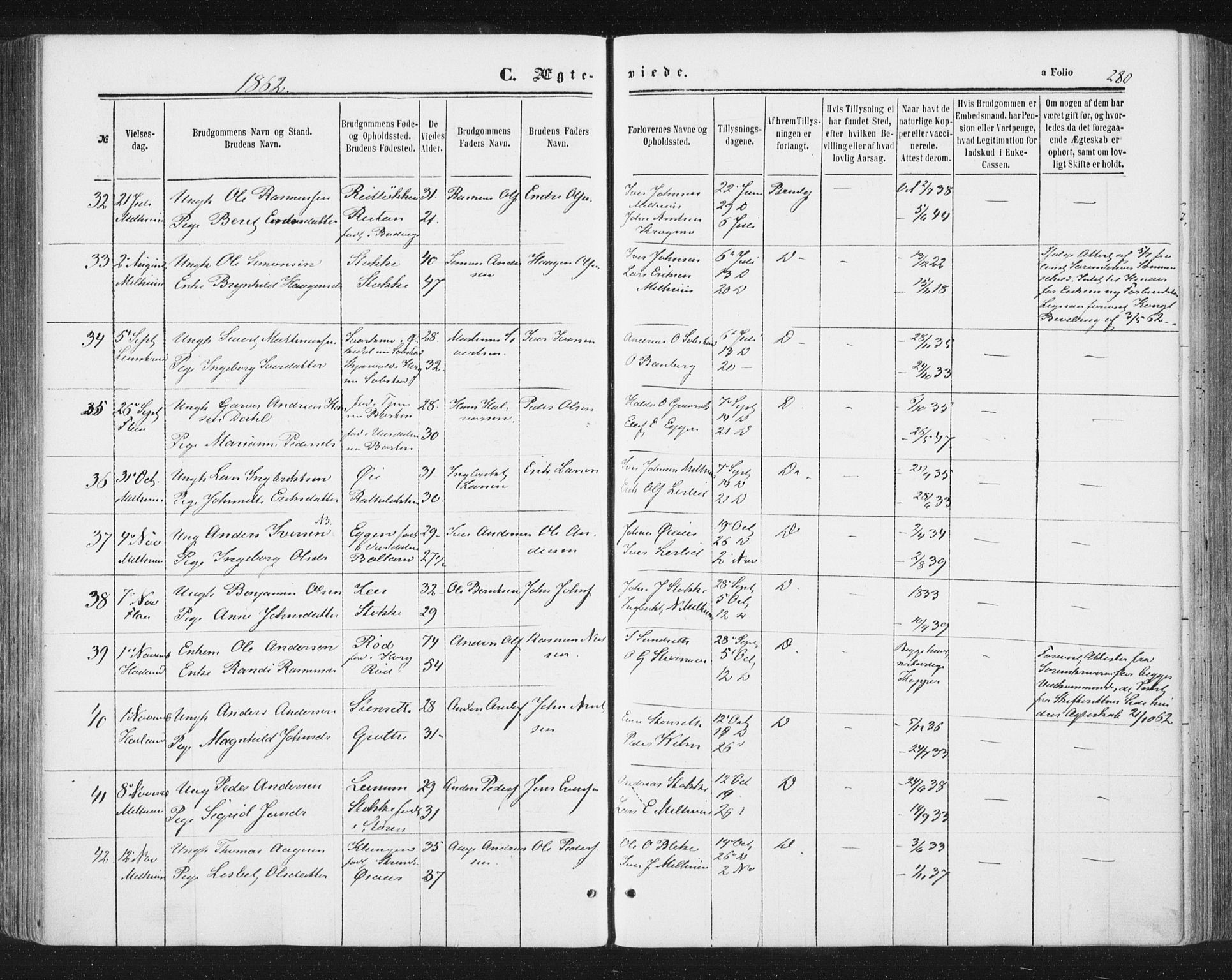 Ministerialprotokoller, klokkerbøker og fødselsregistre - Sør-Trøndelag, AV/SAT-A-1456/691/L1077: Parish register (official) no. 691A09, 1862-1873, p. 280