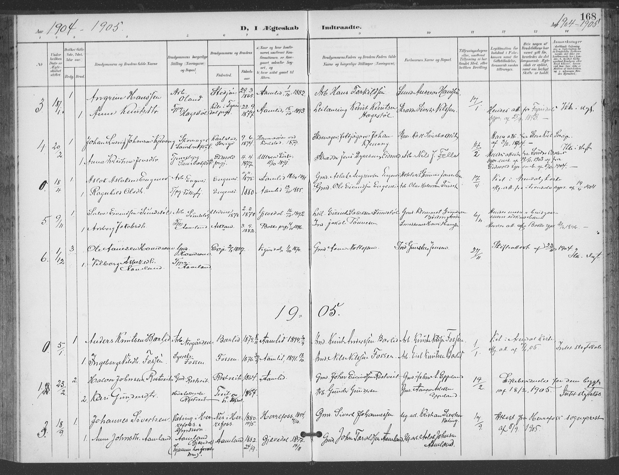 Åmli sokneprestkontor, AV/SAK-1111-0050/F/Fa/Fac/L0012: Parish register (official) no. A 12, 1900-1914, p. 168