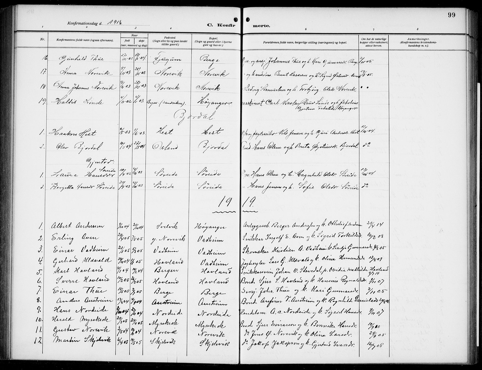 Lavik sokneprestembete, AV/SAB-A-80901: Parish register (copy) no. B 4, 1914-1937, p. 99