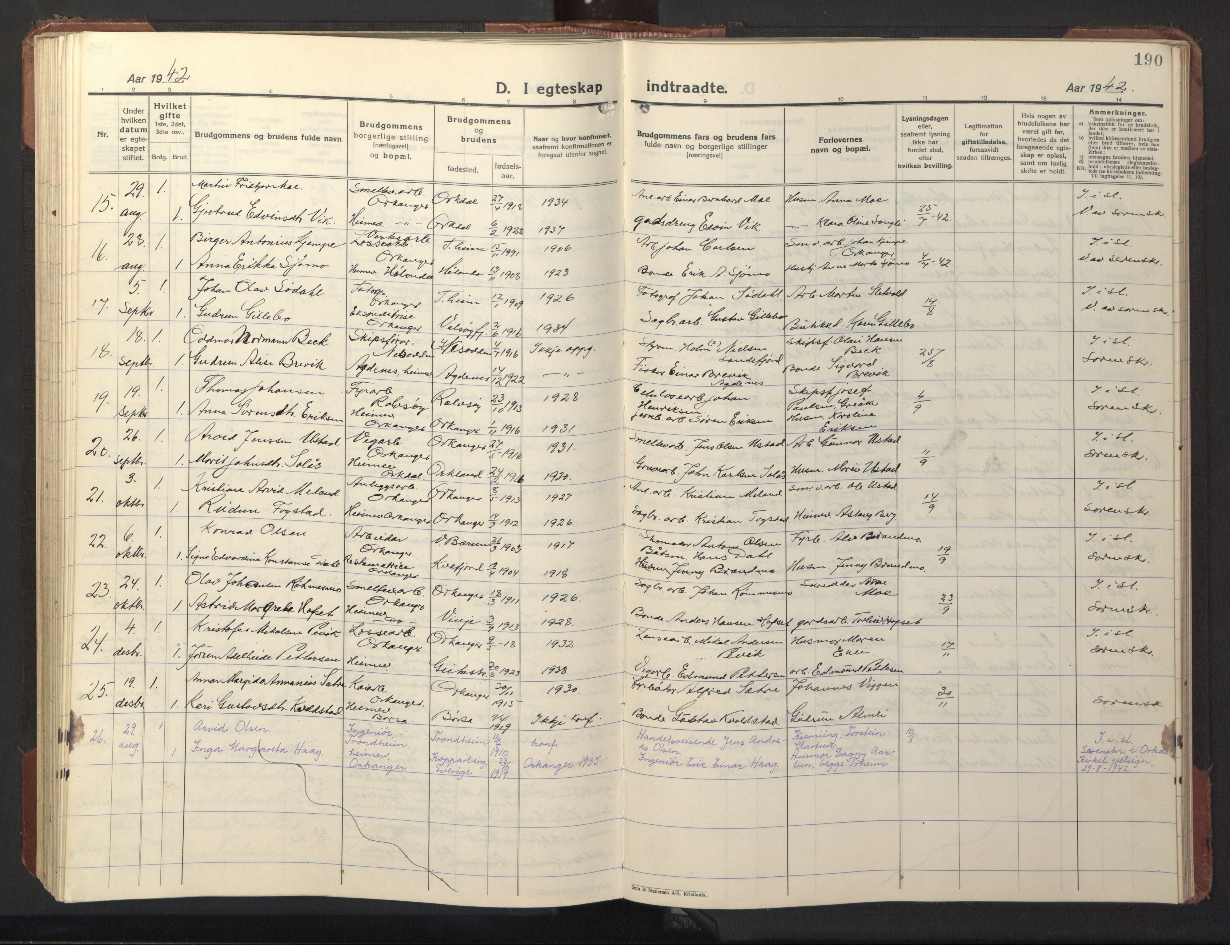 Ministerialprotokoller, klokkerbøker og fødselsregistre - Sør-Trøndelag, SAT/A-1456/669/L0832: Parish register (copy) no. 669C02, 1925-1953, p. 190
