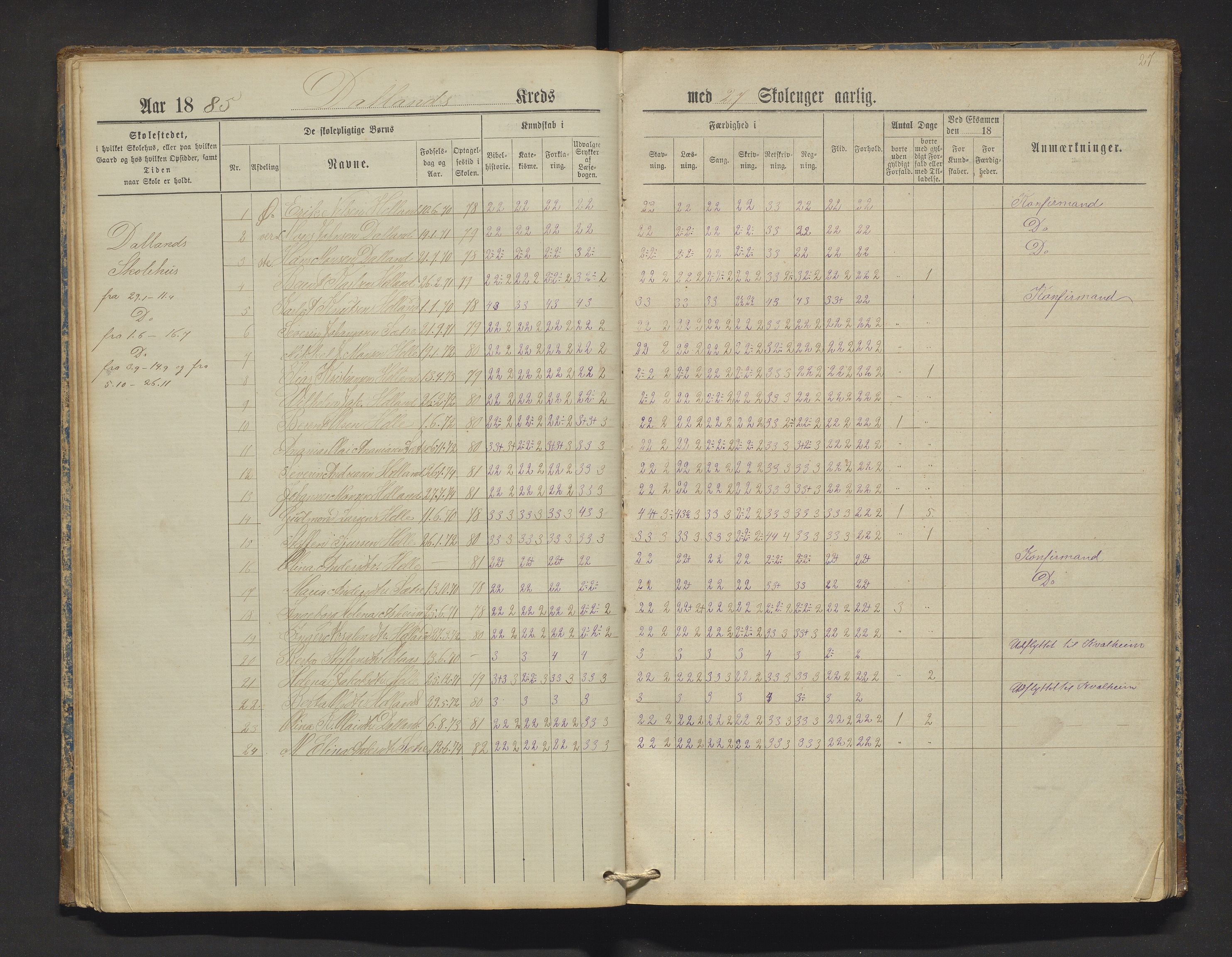 Manger kommune. Barneskulane, IKAH/1261-231/F/Fa/L0002: Skuleprotokoll for Toska, Manger, Dalland, Lilletvedt, Sætre og Helle krinsar , 1882-1916, p. 27