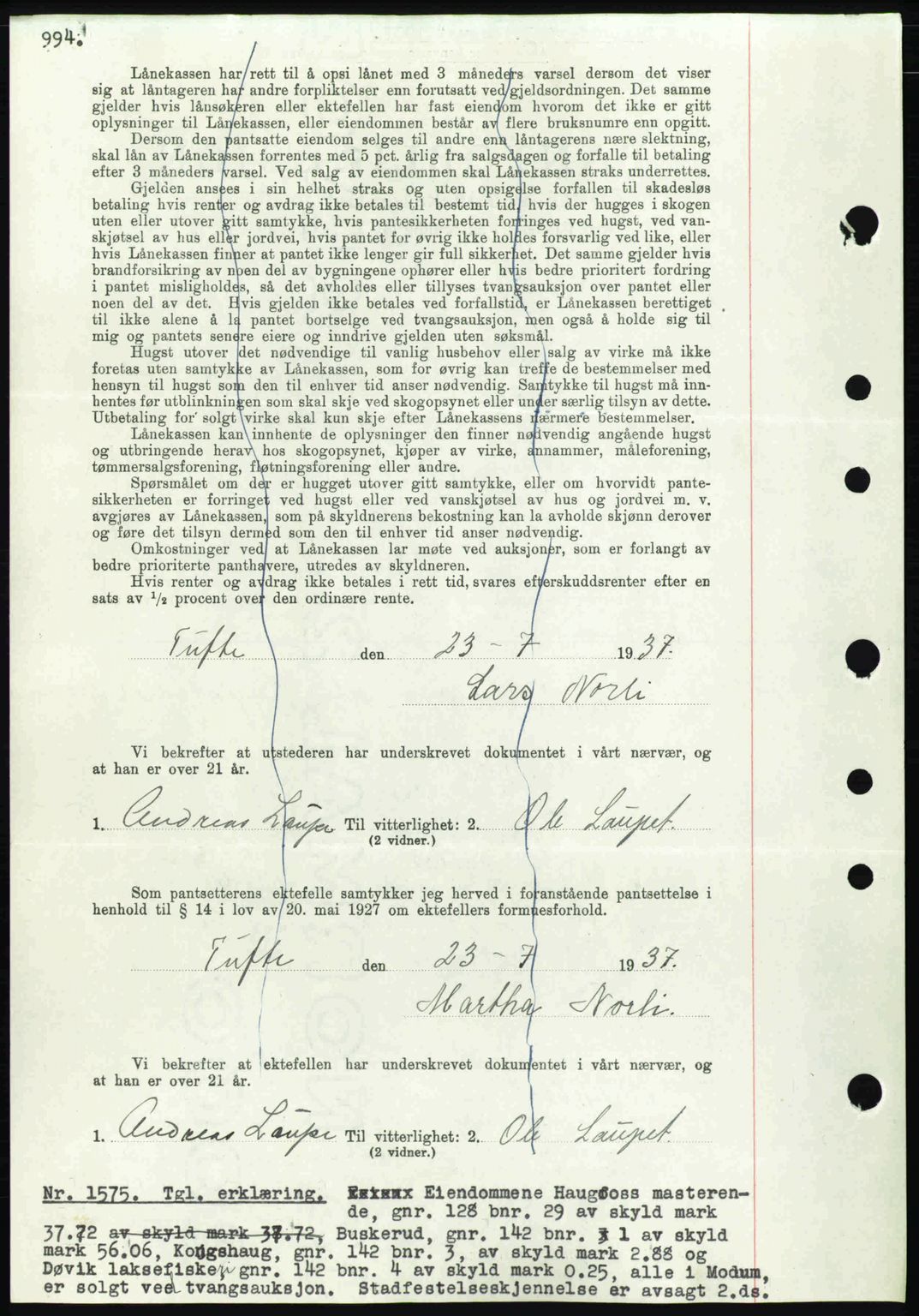 Eiker, Modum og Sigdal sorenskriveri, SAKO/A-123/G/Ga/Gab/L0035: Mortgage book no. A5, 1937-1937, Diary no: : 1575/1937