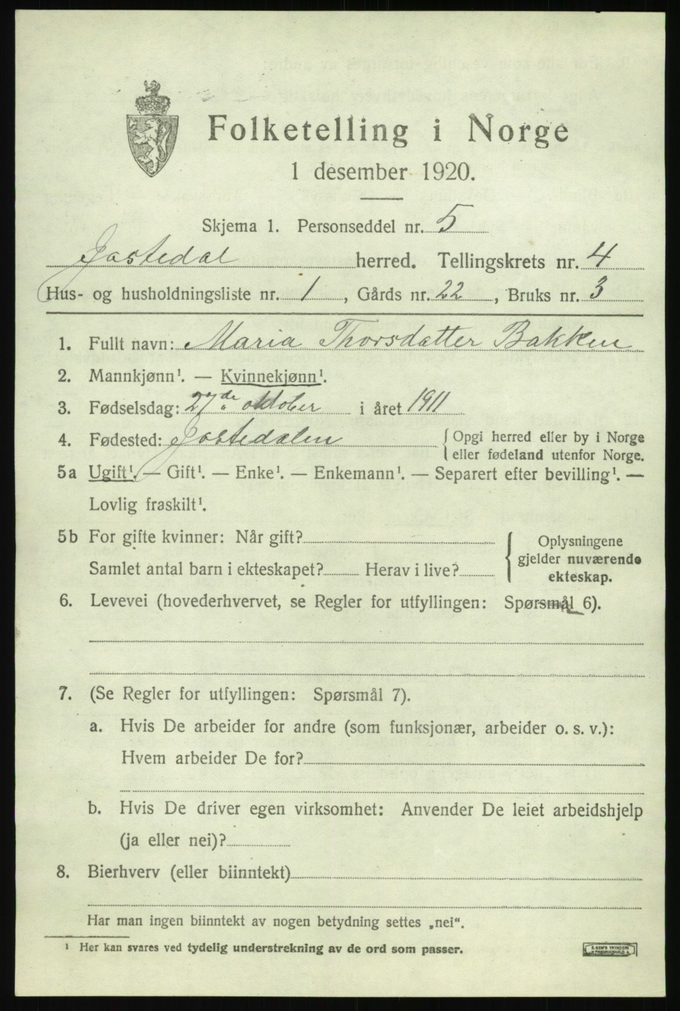 SAB, 1920 census for Jostedal, 1920, p. 1526