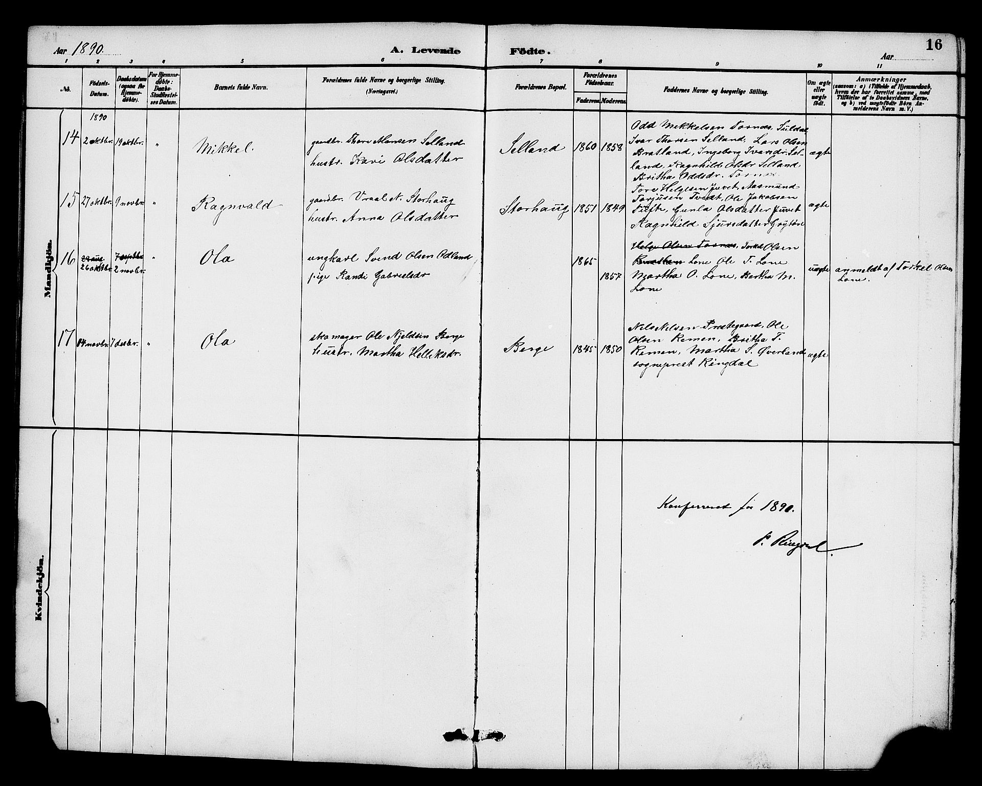 Røldal sokneprestembete, SAB/A-100247: Parish register (copy) no. A 3, 1887-1917, p. 16