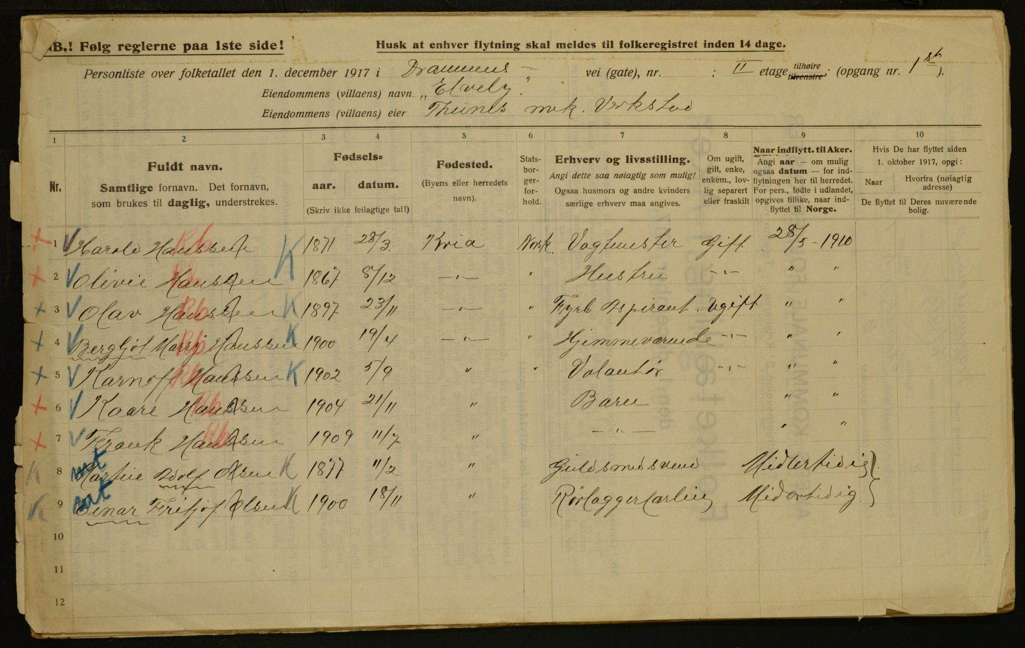 OBA, Municipal Census 1917 for Aker, 1917, p. 5539