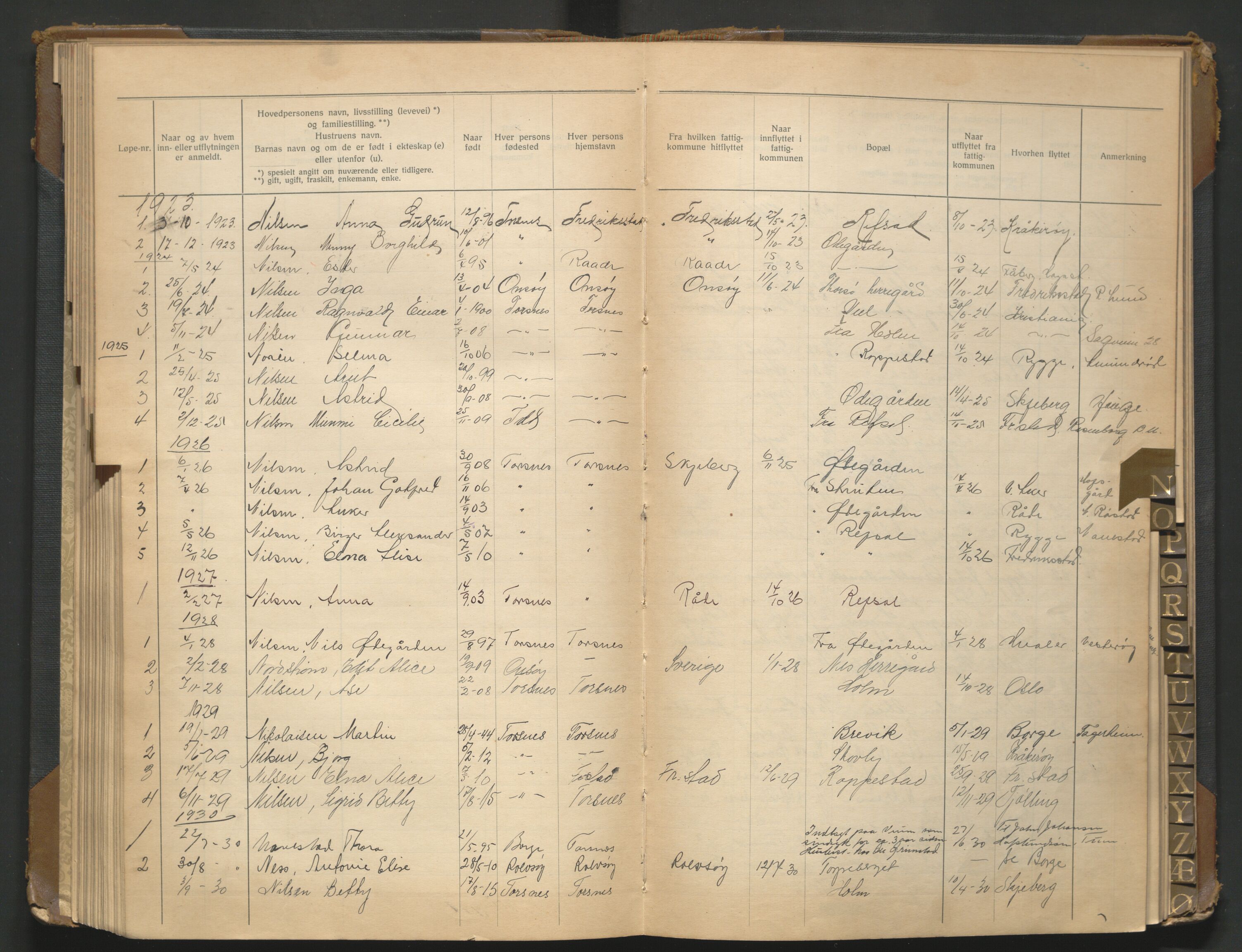 Borge lensmannskontor (Østfold), AV/SAO-A-10176/I/Ia/L0007: Protokoll over inn- og utflyttede i Torsnes fattigkommune, 1923-1943