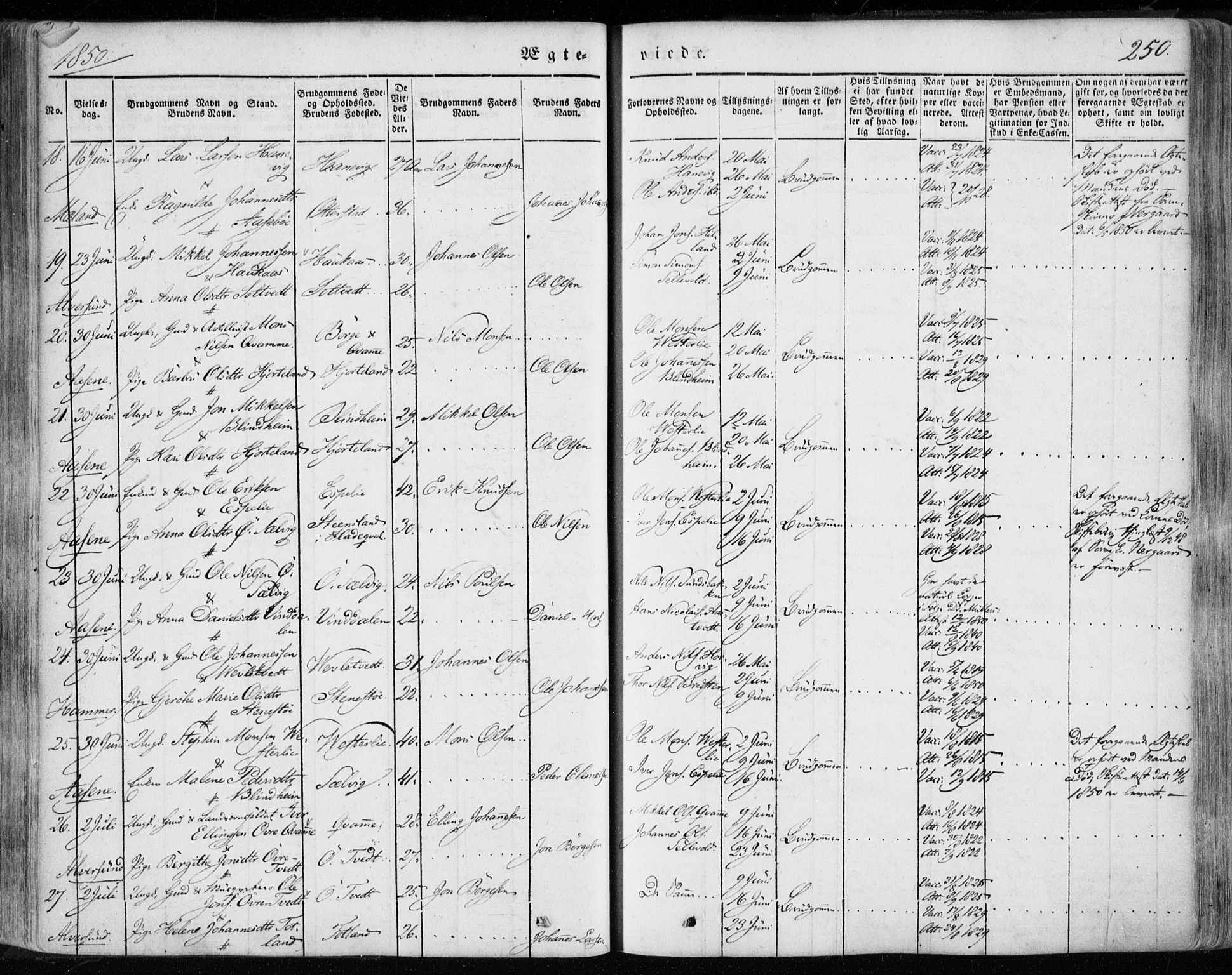 Hamre sokneprestembete, AV/SAB-A-75501/H/Ha/Haa/Haaa/L0013: Parish register (official) no. A 13, 1846-1857, p. 250