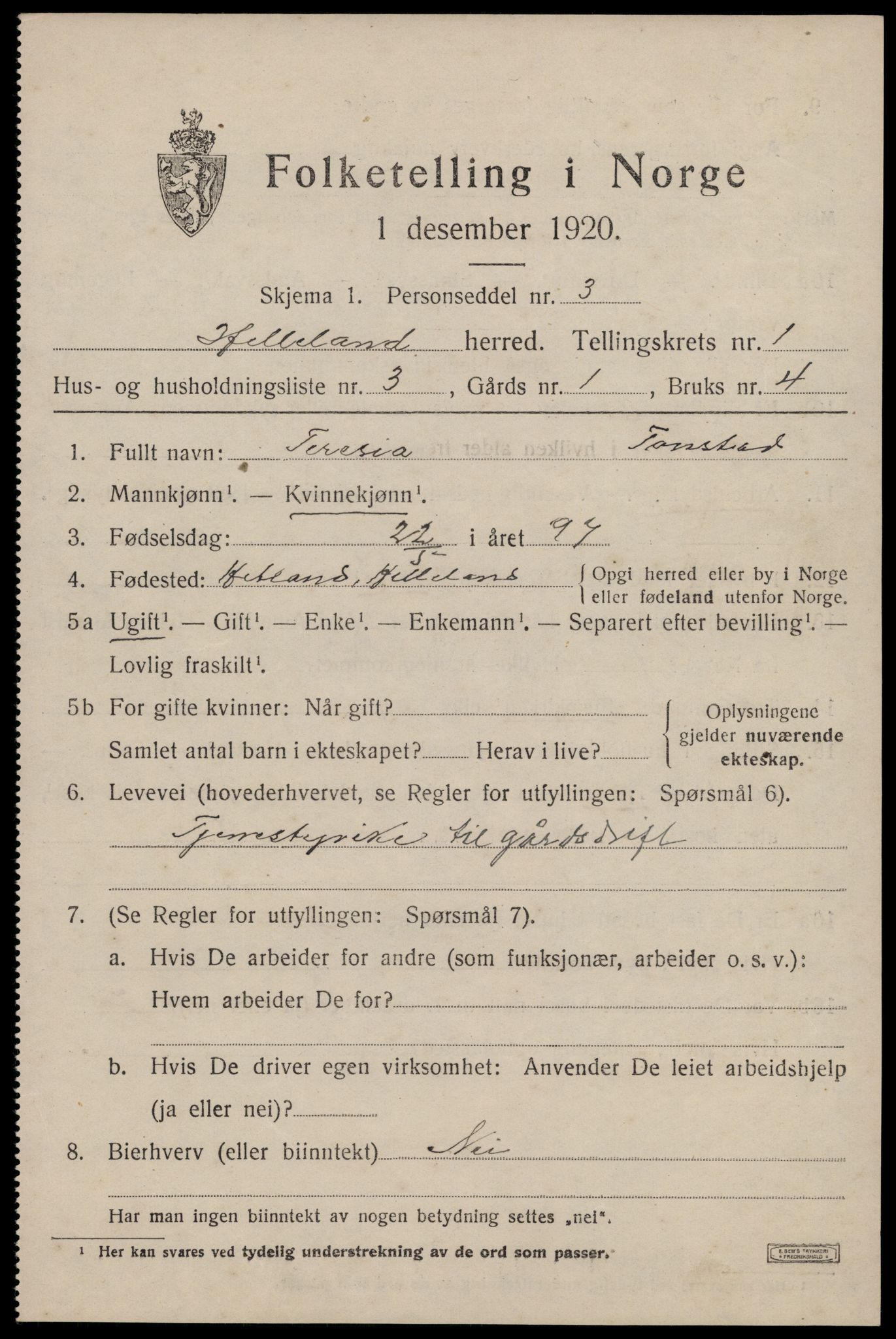 SAST, 1920 census for Helleland, 1920, p. 435