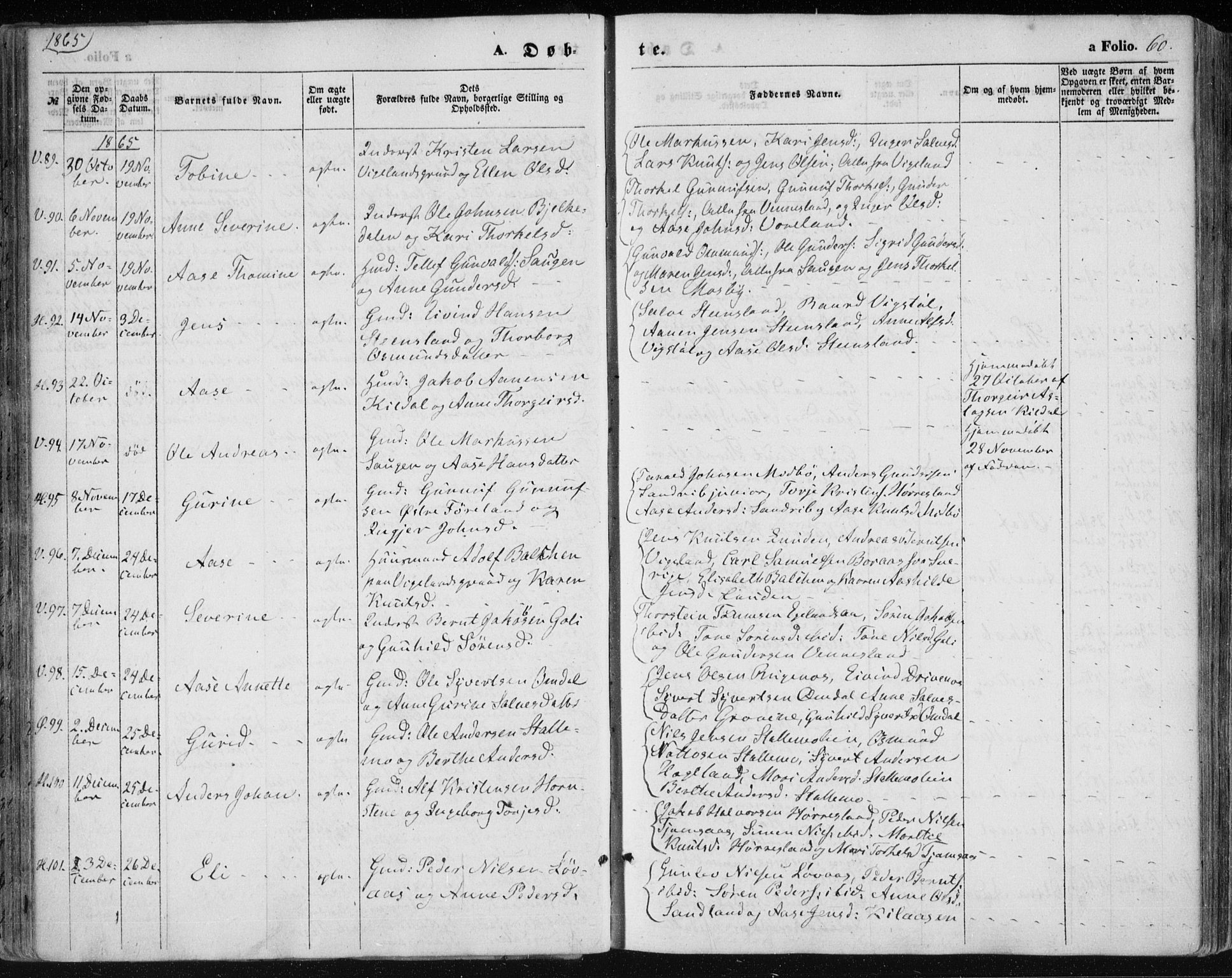 Vennesla sokneprestkontor, SAK/1111-0045/Fa/Fac/L0007: Parish register (official) no. A 7, 1855-1873, p. 60