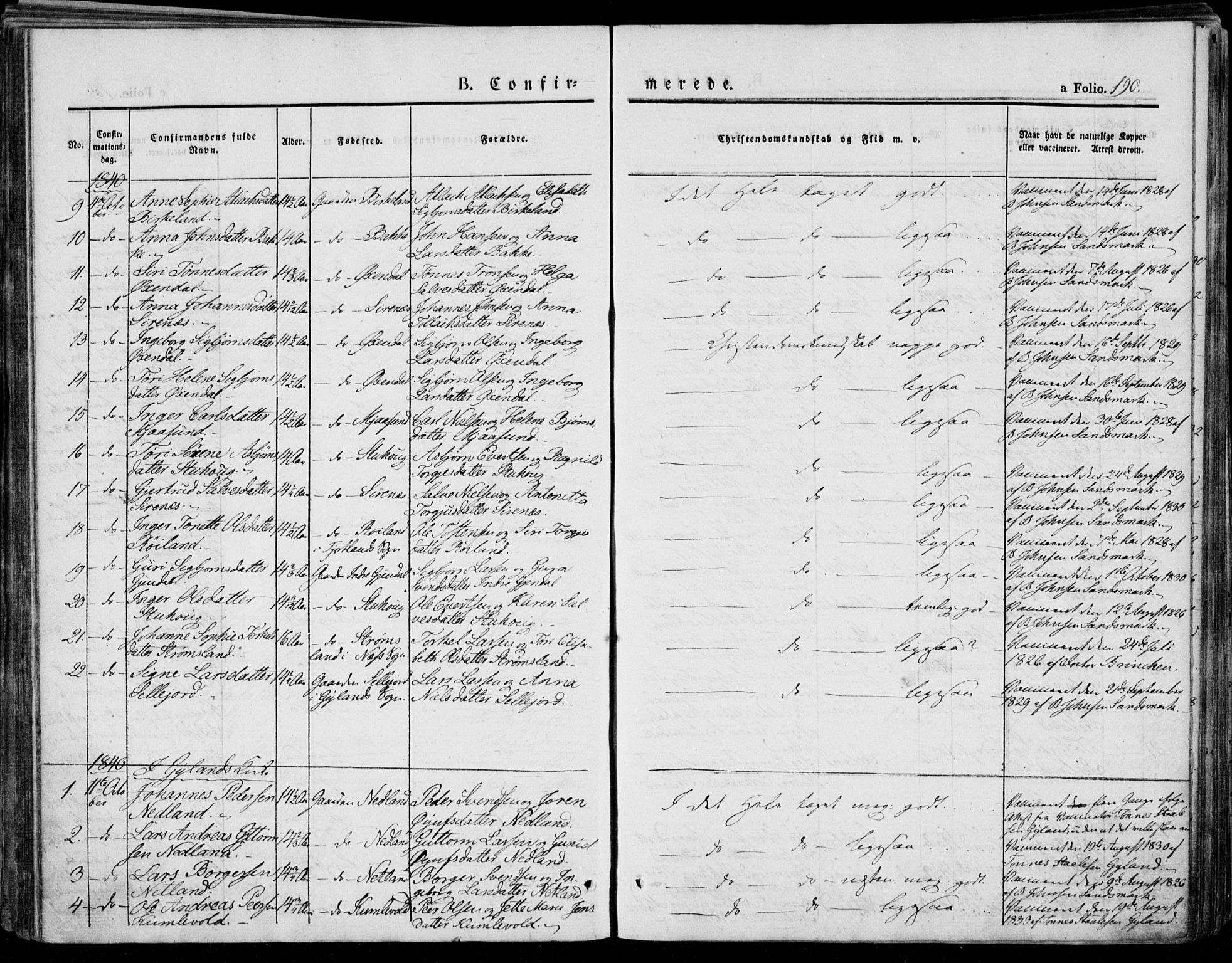 Bakke sokneprestkontor, AV/SAK-1111-0002/F/Fa/Faa/L0004: Parish register (official) no. A 4, 1834-1846, p. 190