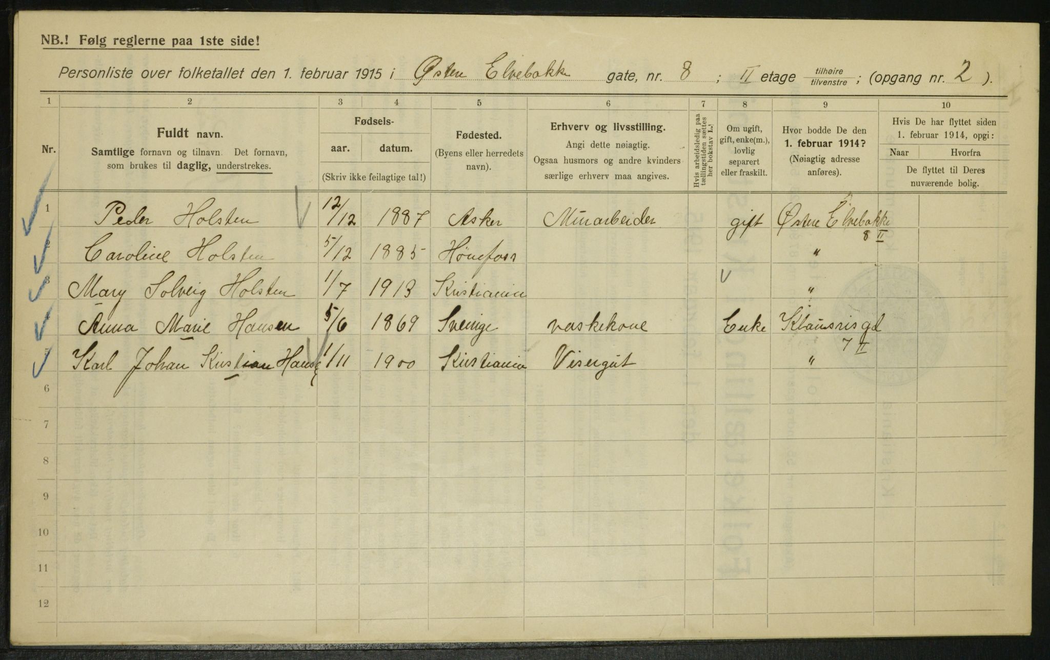 OBA, Municipal Census 1915 for Kristiania, 1915, p. 130015