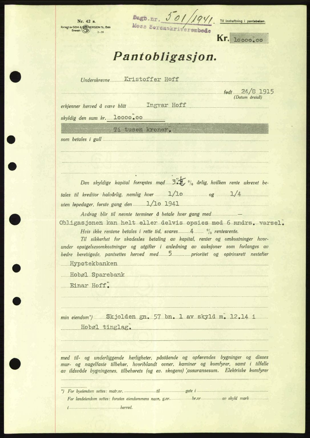 Moss sorenskriveri, SAO/A-10168: Mortgage book no. B10, 1940-1941, Diary no: : 501/1941