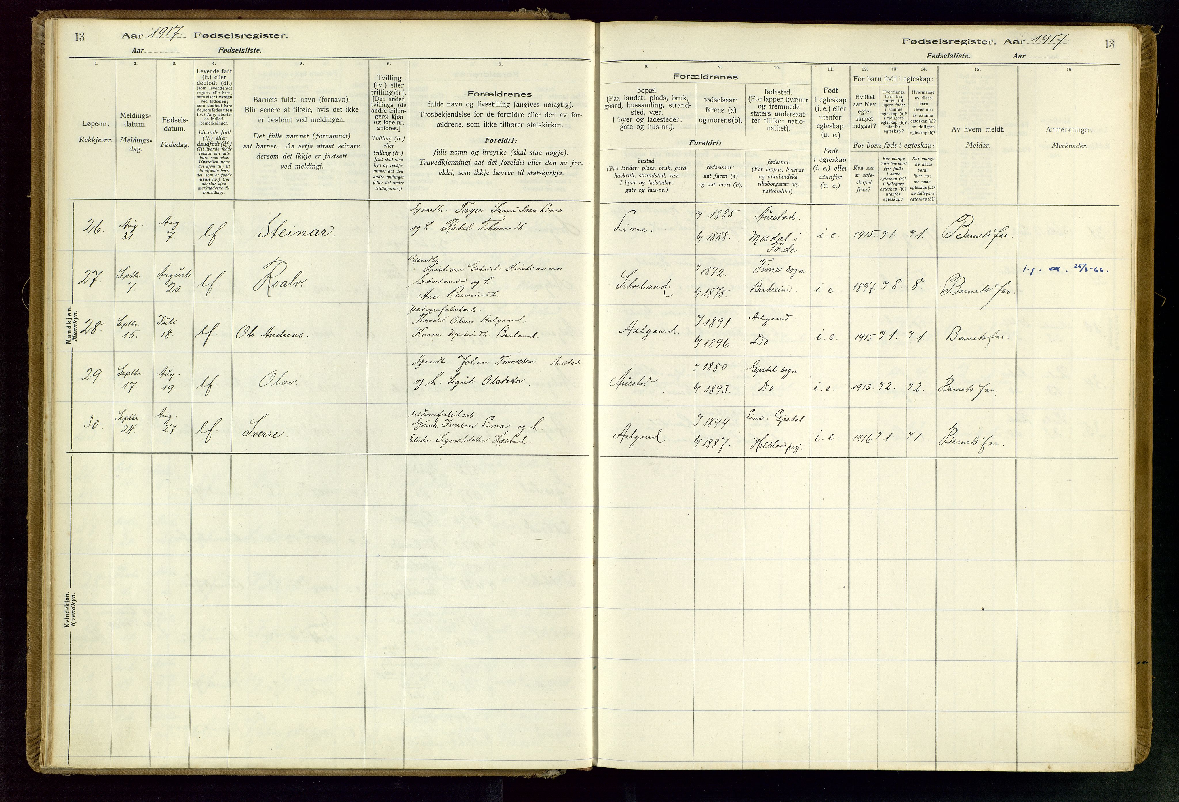 Gjesdal sokneprestkontor, SAST/A-101796/002/O/L0001: Birth register no. 1, 1916-1949, p. 13