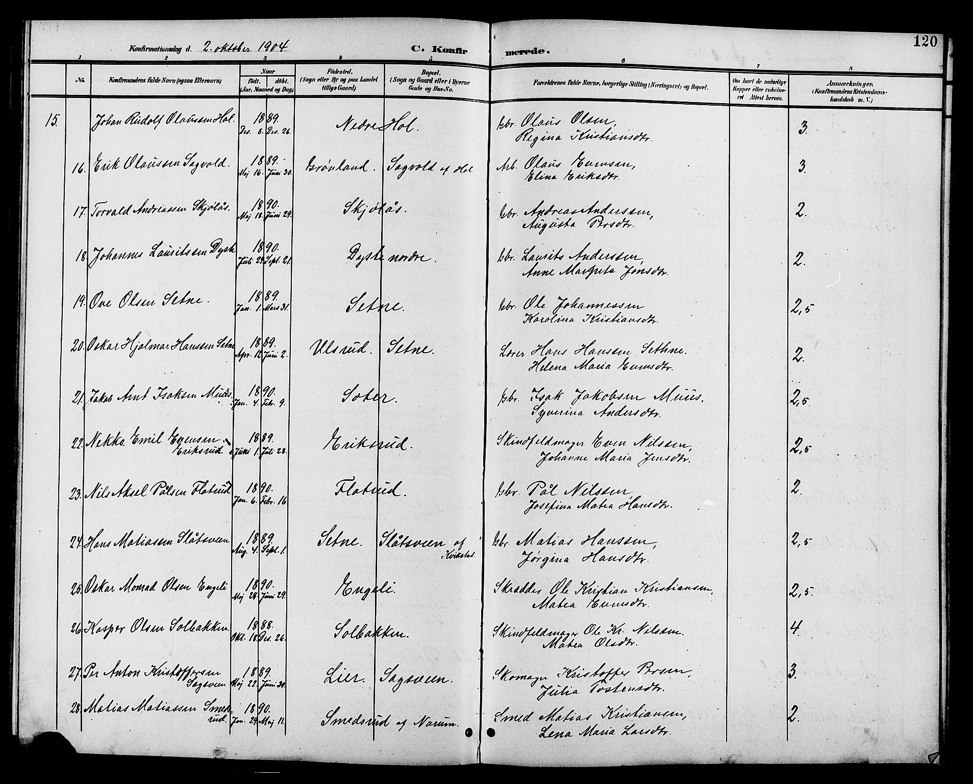Vestre Toten prestekontor, SAH/PREST-108/H/Ha/Hab/L0011: Parish register (copy) no. 11, 1901-1911, p. 120