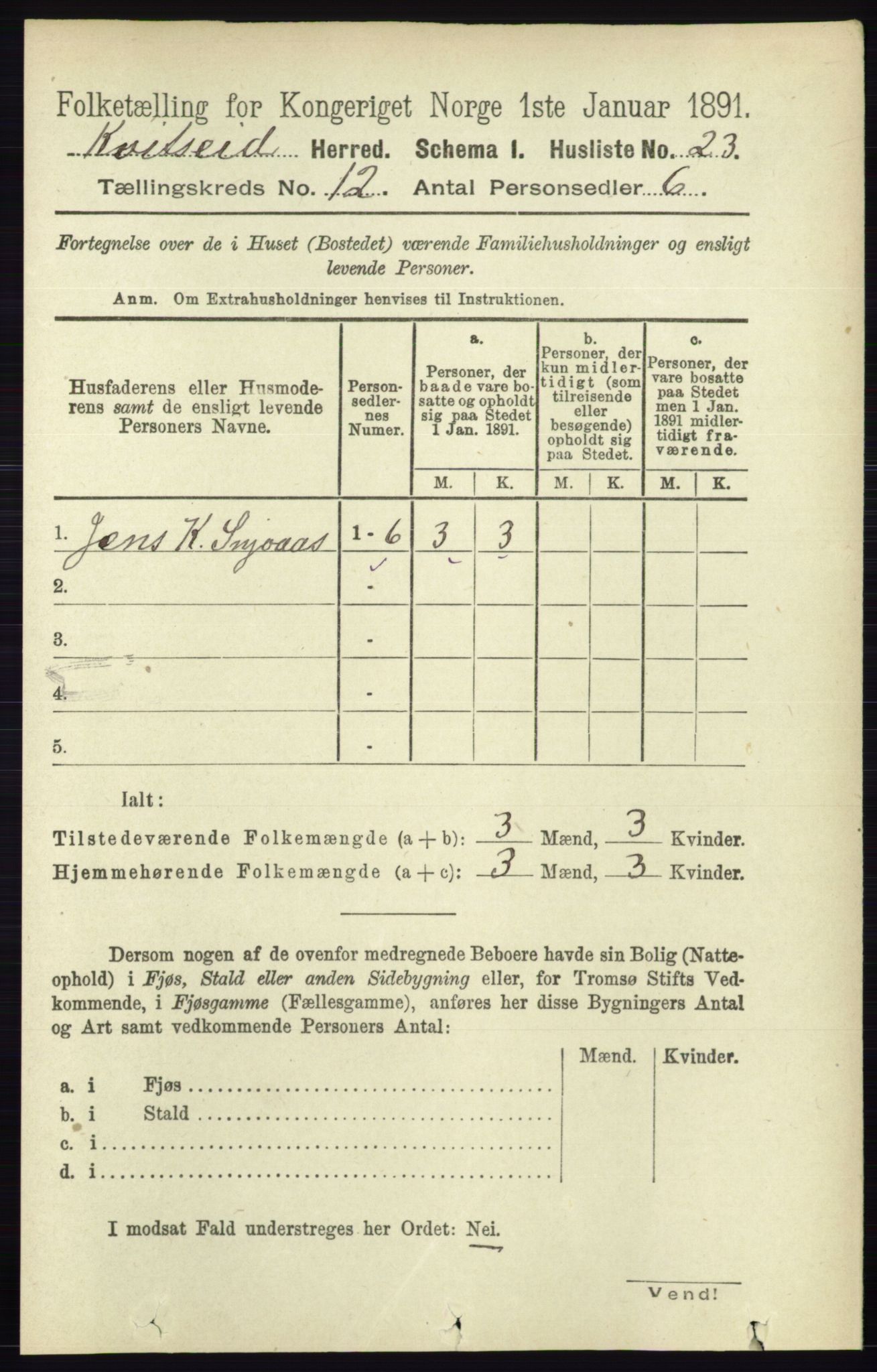 RA, 1891 census for 0829 Kviteseid, 1891, p. 2836