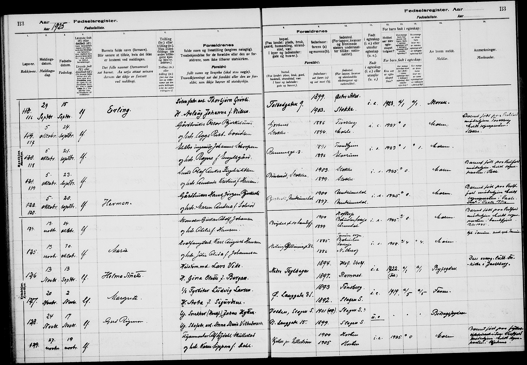 Tønsberg kirkebøker, AV/SAKO-A-330/J/Ja/L0002: Birth register no. 2, 1922-1928, p. 113