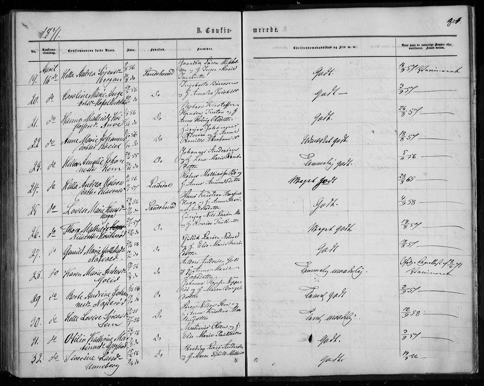 Sandar kirkebøker, SAKO/A-243/F/Fa/L0008: Parish register (official) no. 8, 1862-1871, p. 324