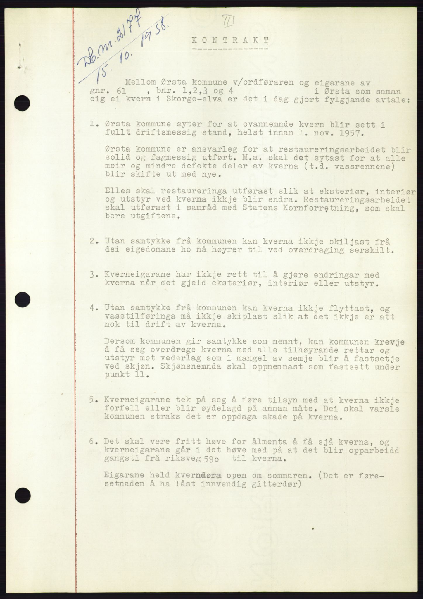 Søre Sunnmøre sorenskriveri, AV/SAT-A-4122/1/2/2C/L0110: Mortgage book no. 36A, 1958-1958, Diary no: : 2177/1958