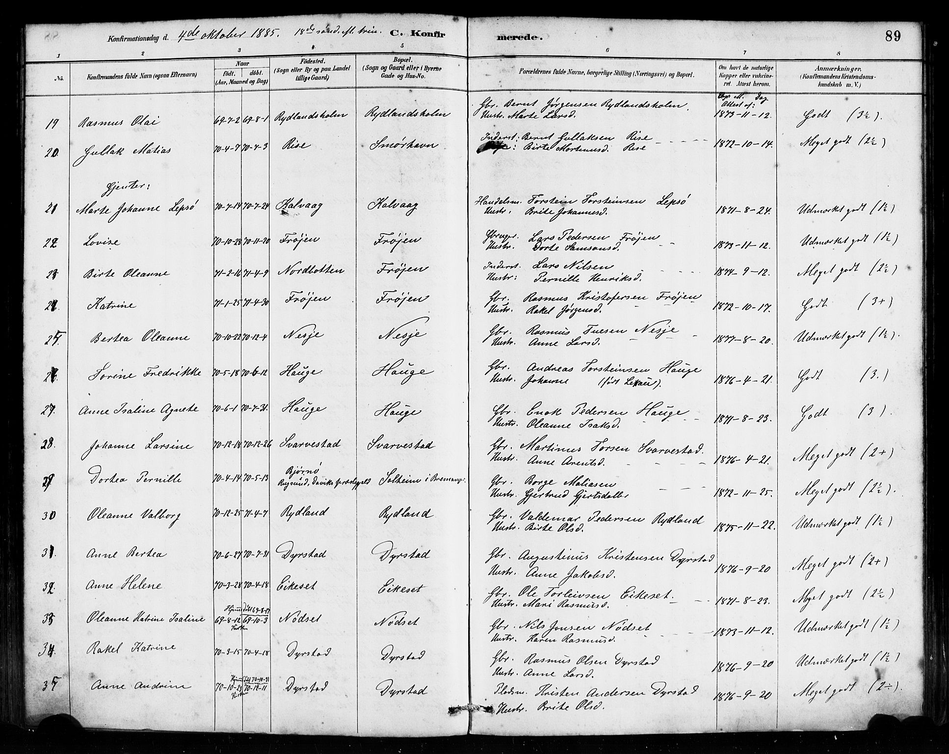 Bremanger sokneprestembete, AV/SAB-A-82201/H/Haa/Haab/L0001: Parish register (official) no. B 1, 1884-1895, p. 89