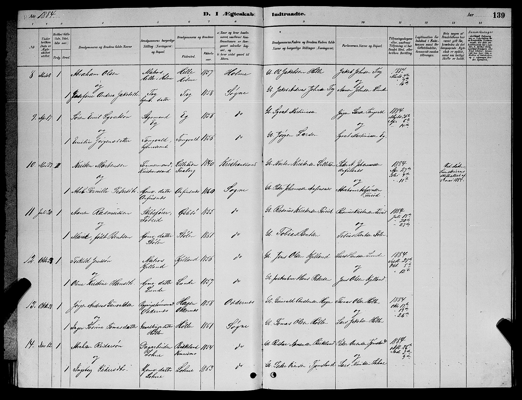 Søgne sokneprestkontor, SAK/1111-0037/F/Fb/Fbb/L0005: Parish register (copy) no. B 5, 1884-1891, p. 139