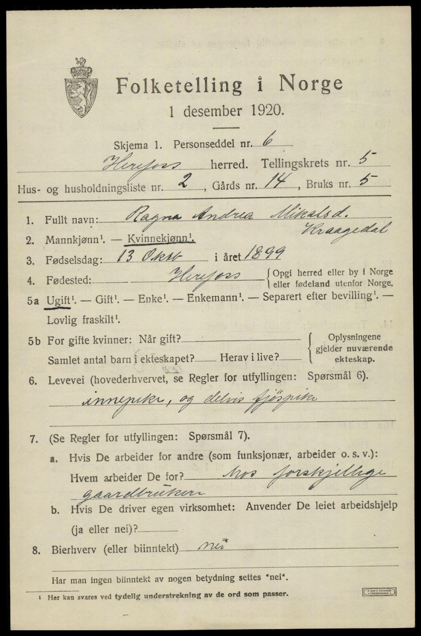 SAK, 1920 census for Herefoss, 1920, p. 938