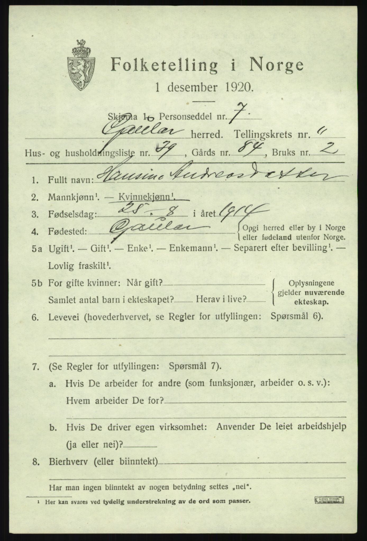 SAB, 1920 census for Gaular, 1920, p. 5590