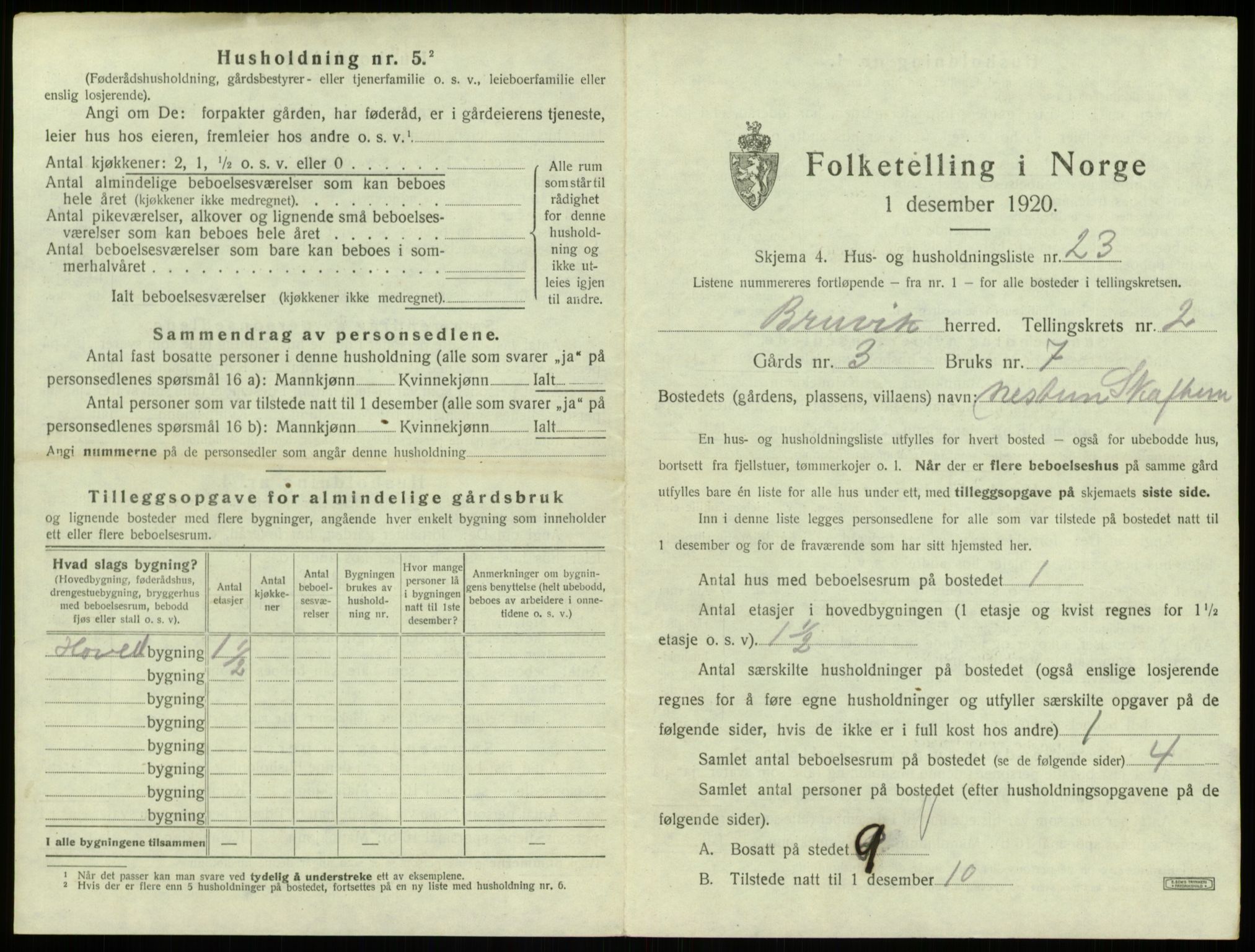 SAB, 1920 census for Bruvik, 1920, p. 142