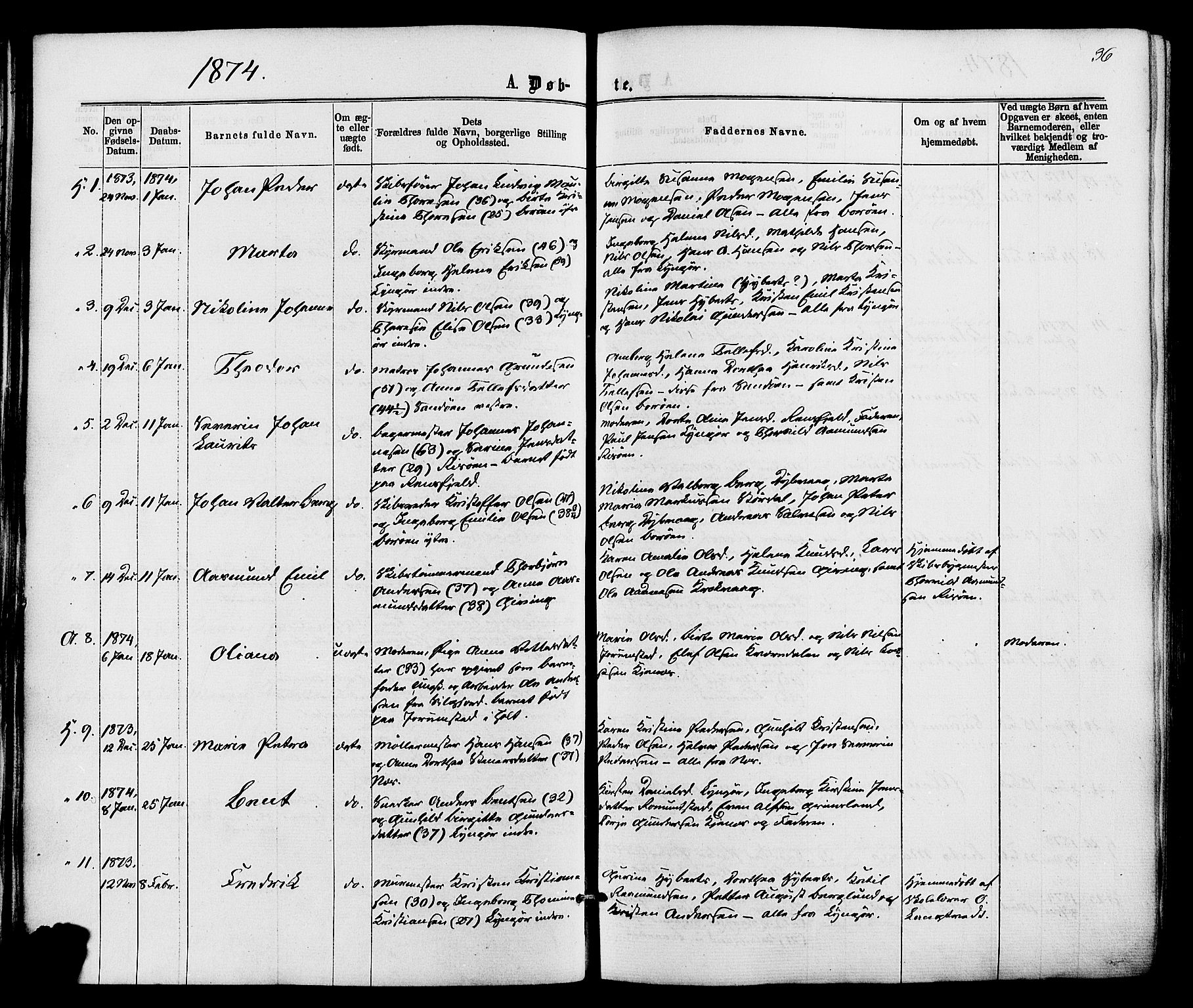 Dypvåg sokneprestkontor, AV/SAK-1111-0007/F/Fa/Faa/L0007: Parish register (official) no. A 7/ 1, 1872-1884, p. 36