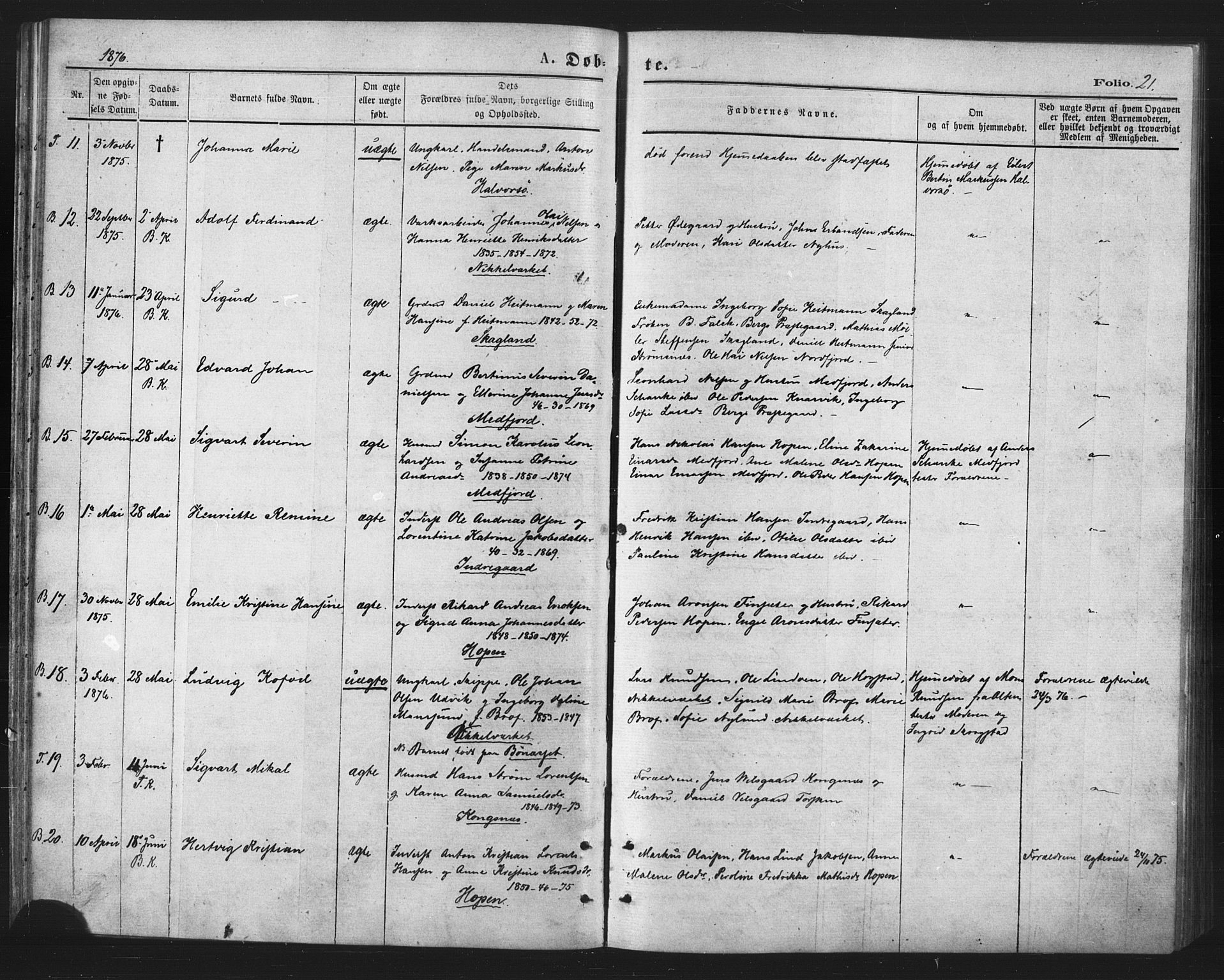 Berg sokneprestkontor, AV/SATØ-S-1318/G/Ga/Gaa/L0003kirke: Parish register (official) no. 3, 1872-1879, p. 21