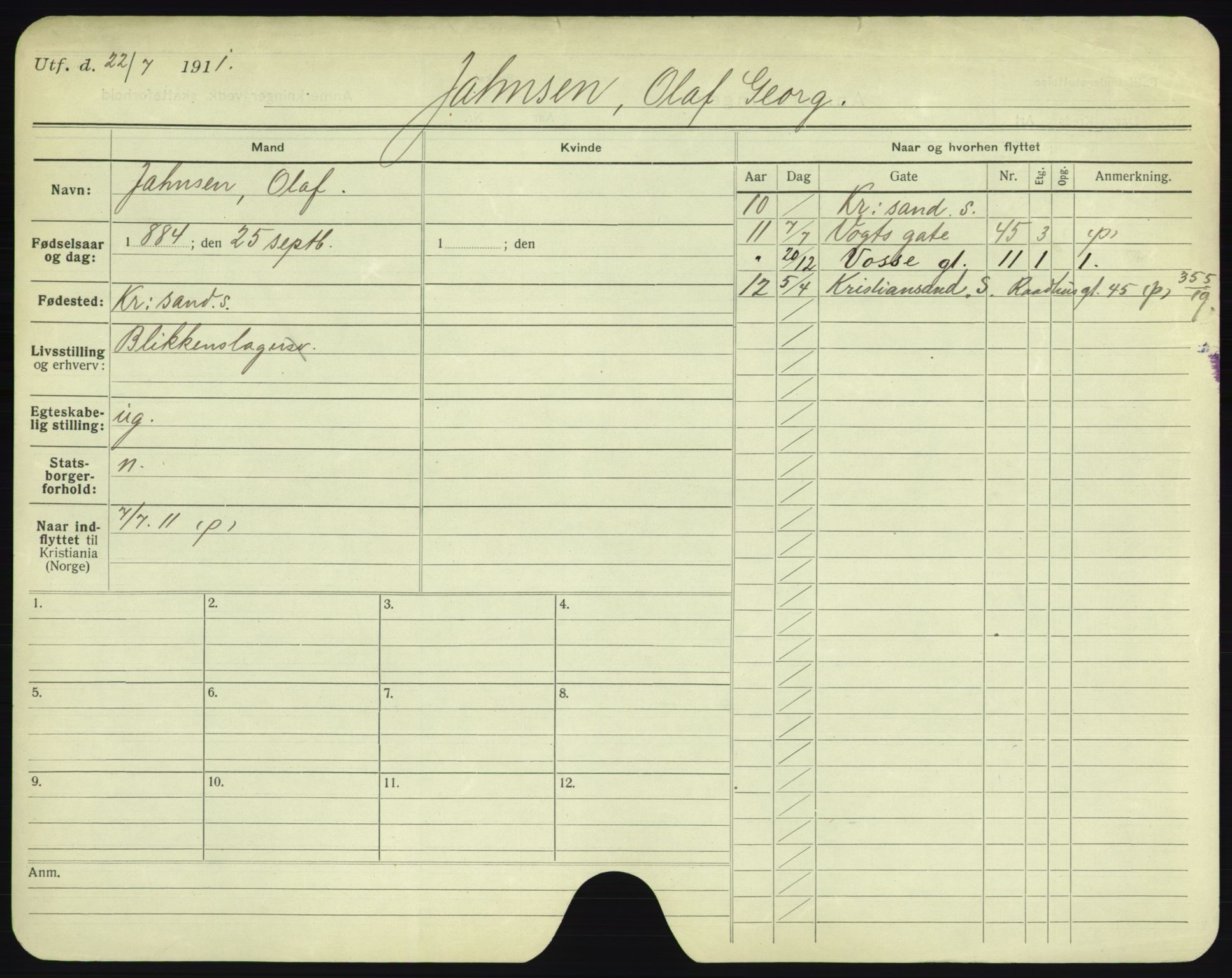 Oslo folkeregister, Registerkort, AV/SAO-A-11715/F/Fa/Fac/L0005: Menn, 1906-1914, p. 228a