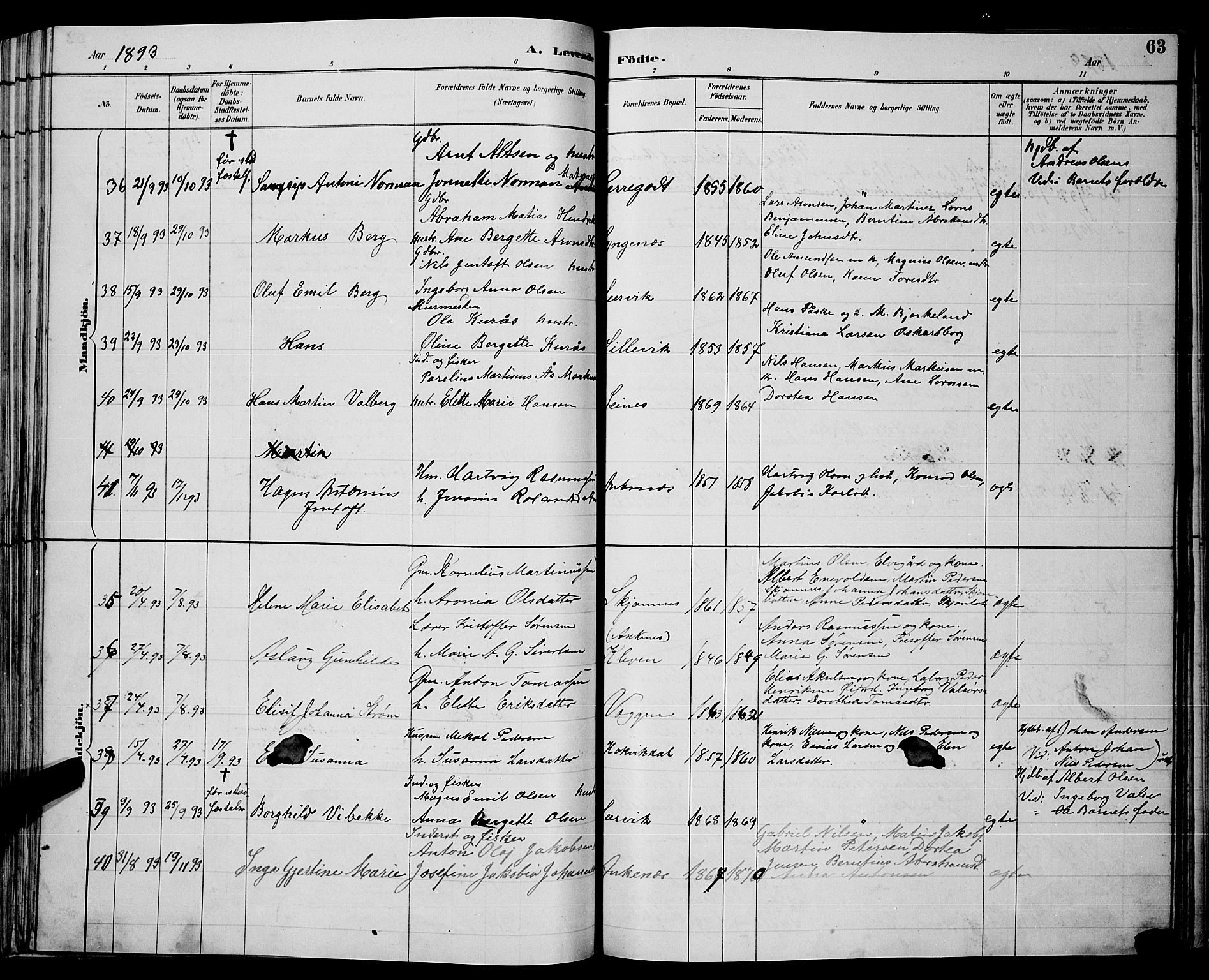 Ministerialprotokoller, klokkerbøker og fødselsregistre - Nordland, AV/SAT-A-1459/866/L0952: Parish register (copy) no. 866C01, 1886-1899, p. 63