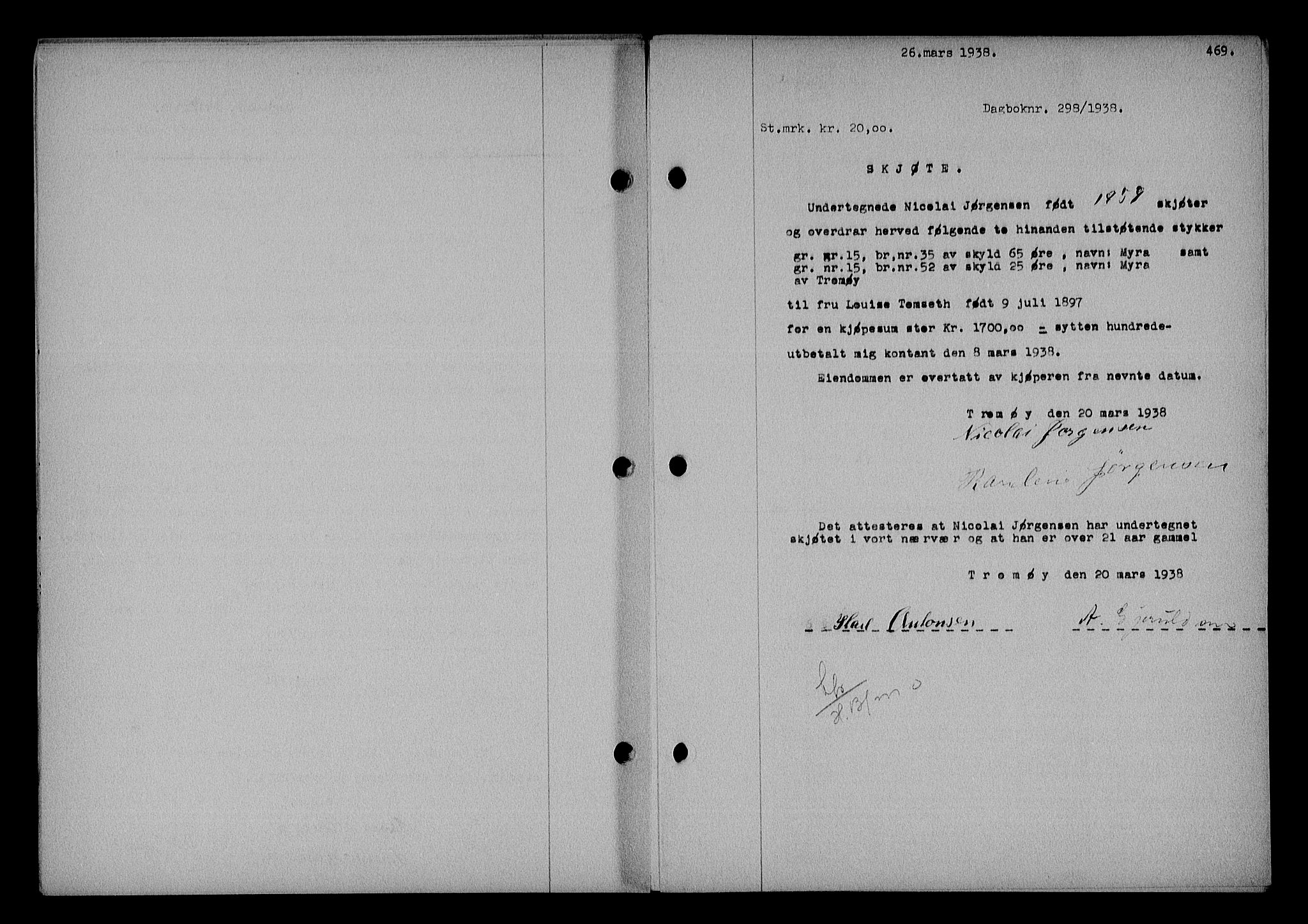 Nedenes sorenskriveri, SAK/1221-0006/G/Gb/Gba/L0044: Mortgage book no. 40, 1937-1938, Diary no: : 298/1938