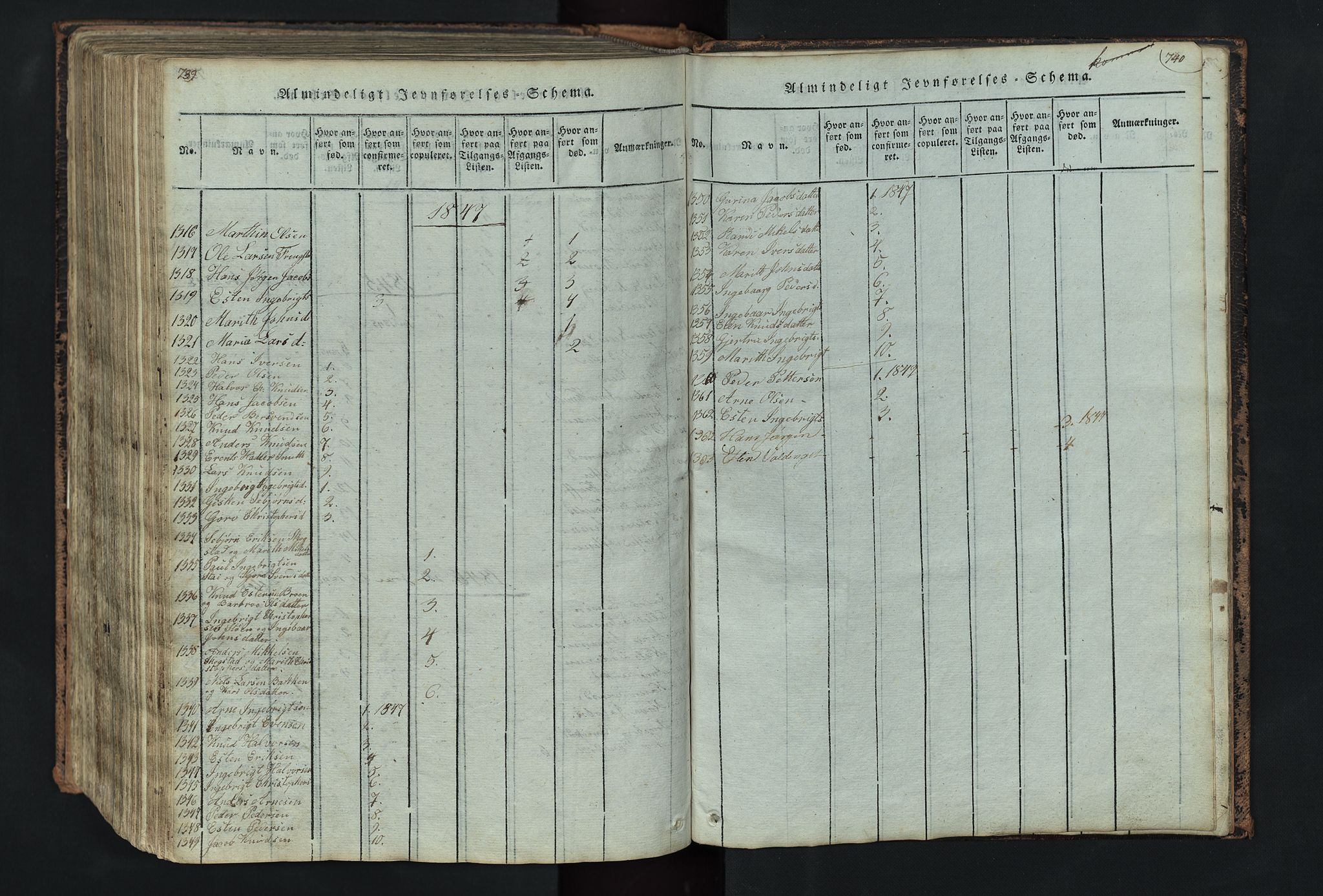Kvikne prestekontor, SAH/PREST-064/H/Ha/Hab/L0001: Parish register (copy) no. 1, 1815-1895, p. 739-740
