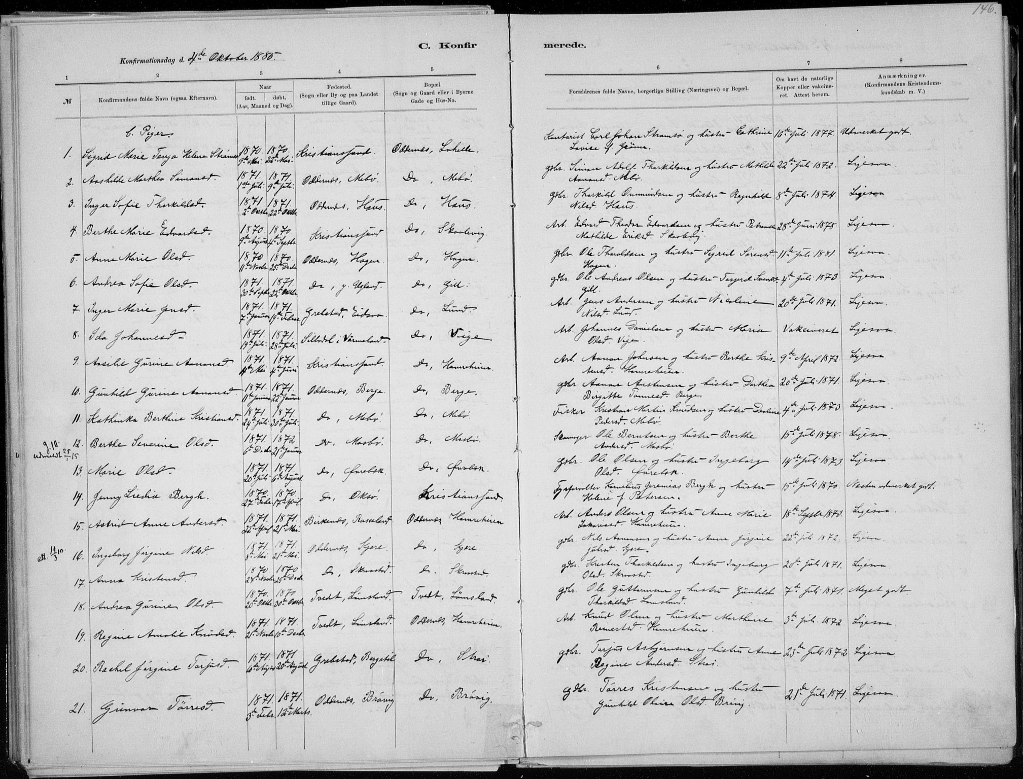 Oddernes sokneprestkontor, AV/SAK-1111-0033/F/Fa/Faa/L0009: Parish register (official) no. A 9, 1884-1896, p. 146