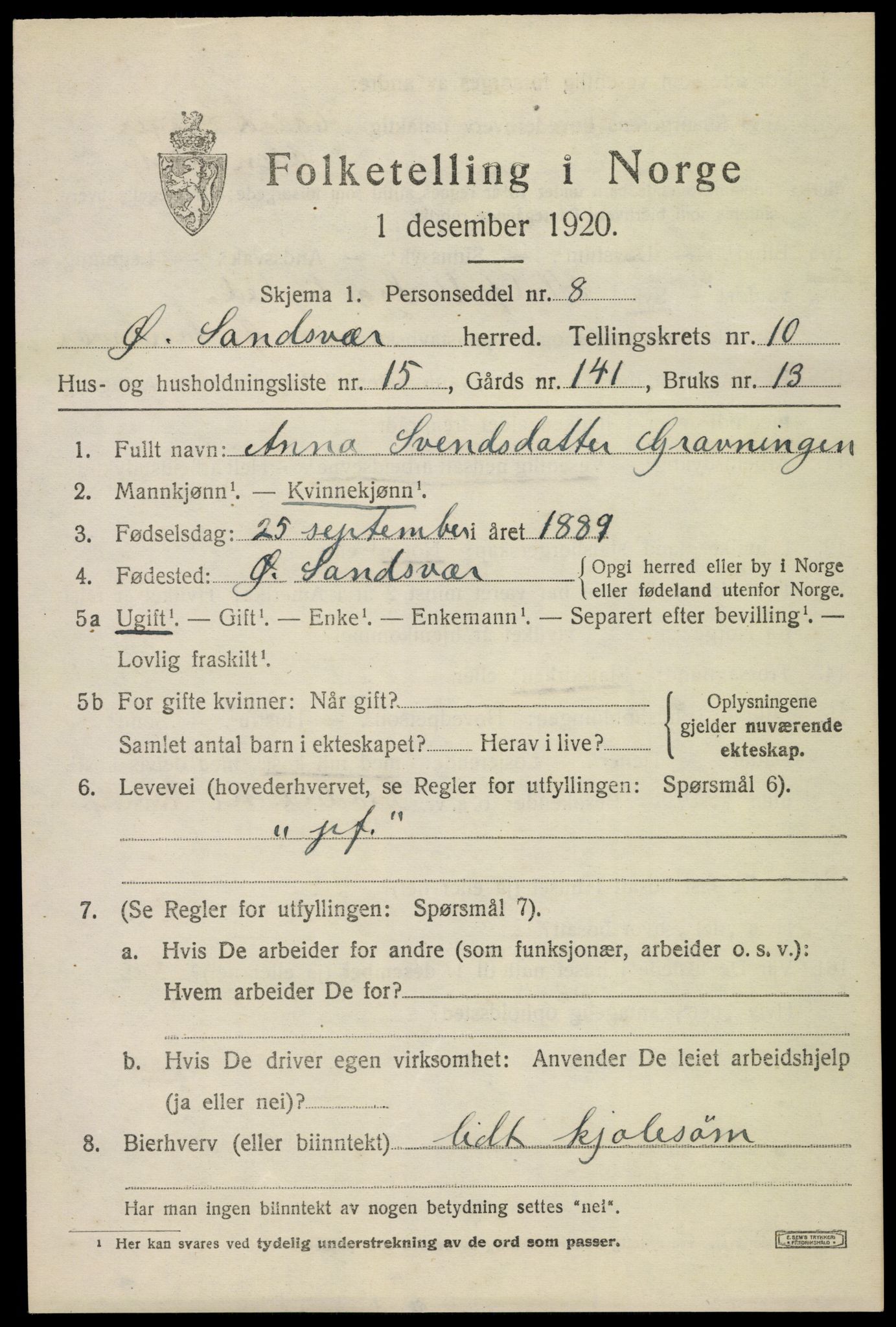 SAKO, 1920 census for Øvre Sandsvær, 1920, p. 5716