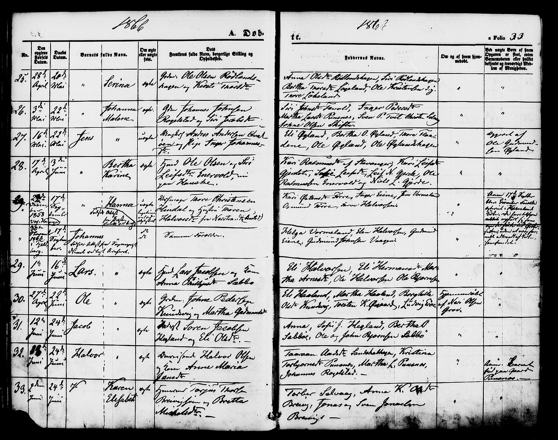 Hjelmeland sokneprestkontor, AV/SAST-A-101843/01/IV/L0011: Parish register (official) no. A 11, 1861-1878, p. 33