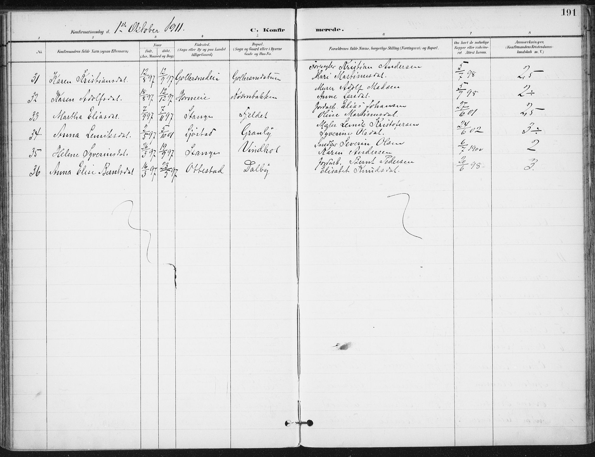 Romedal prestekontor, SAH/PREST-004/K/L0011: Parish register (official) no. 11, 1896-1912, p. 191