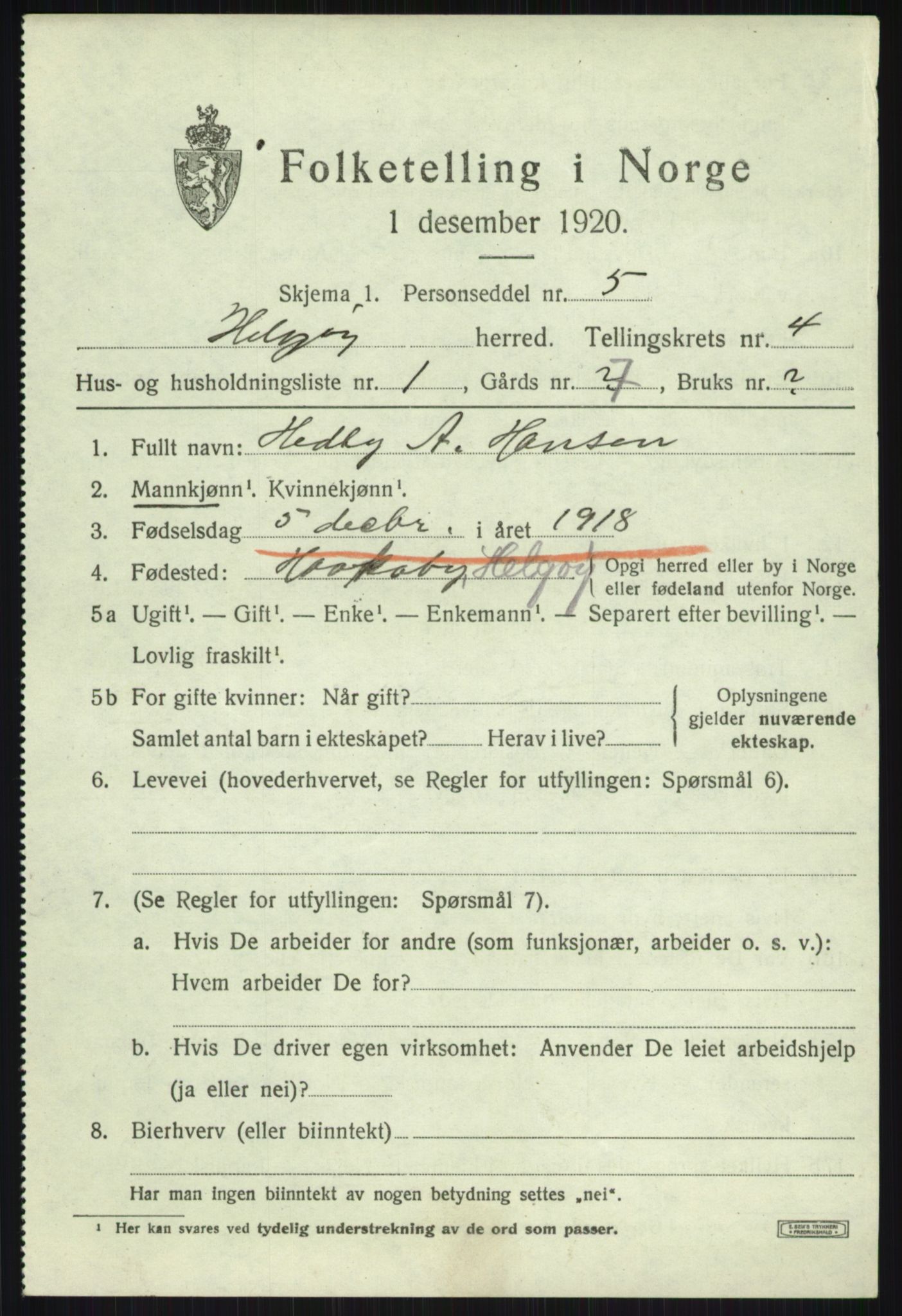 SATØ, 1920 census for Helgøy, 1920, p. 1652