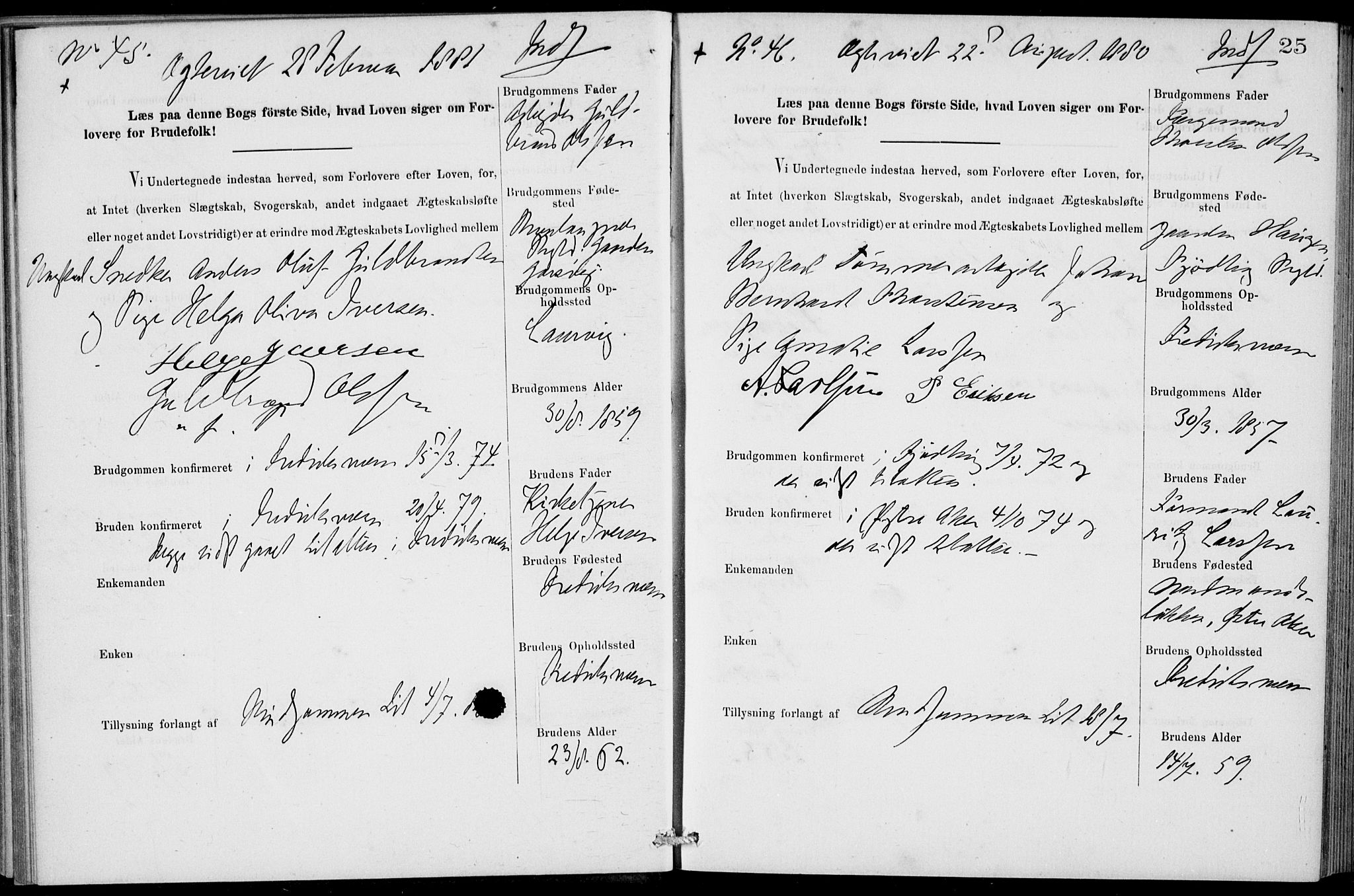 Stavern kirkebøker, AV/SAKO-A-318/H/Ha/L0001: Banns register no. 1, 1875-1918, p. 25